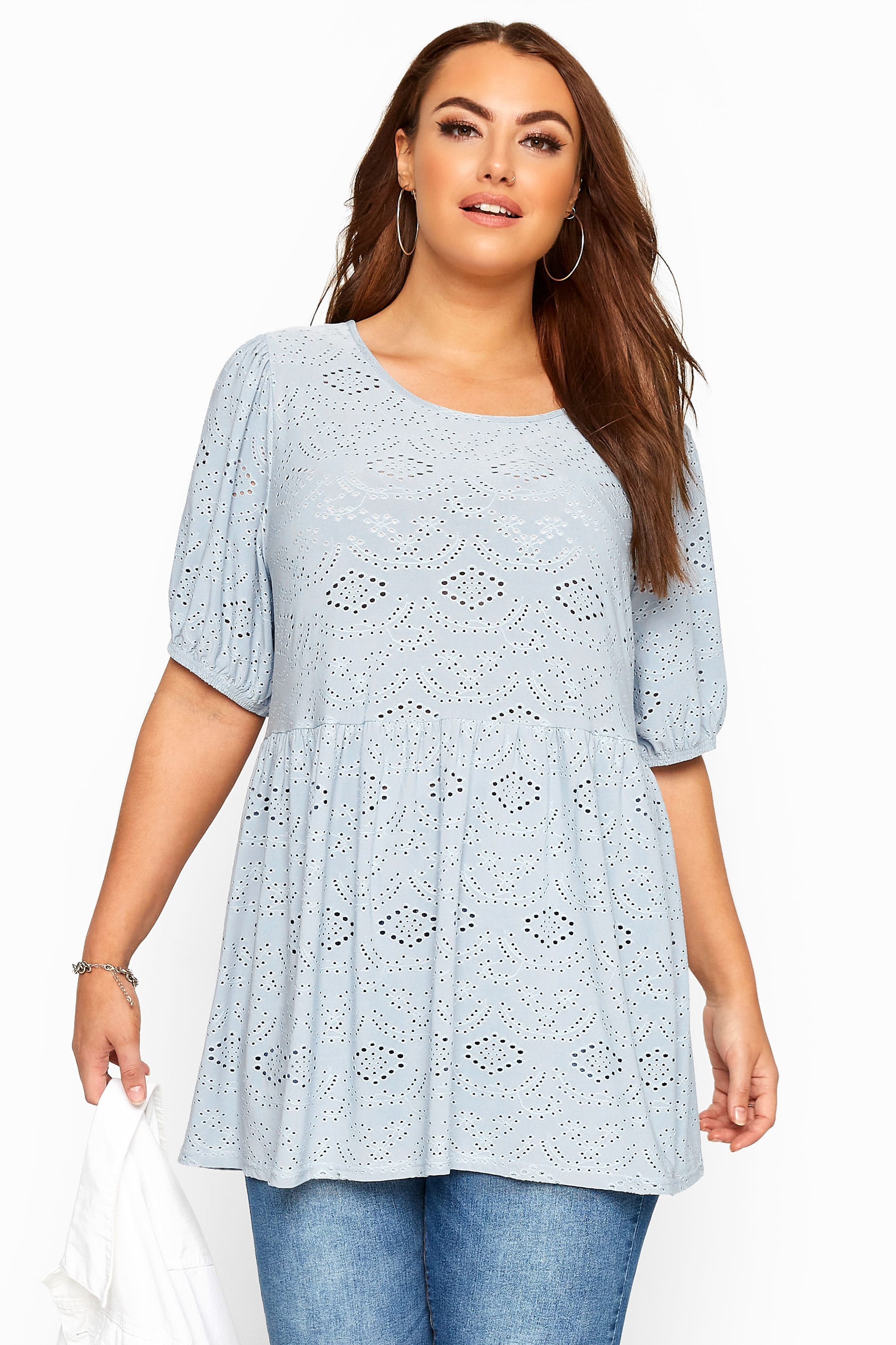 Blue Broderie Anglaise Puff Sleeve Smock Top | Yours Clothing