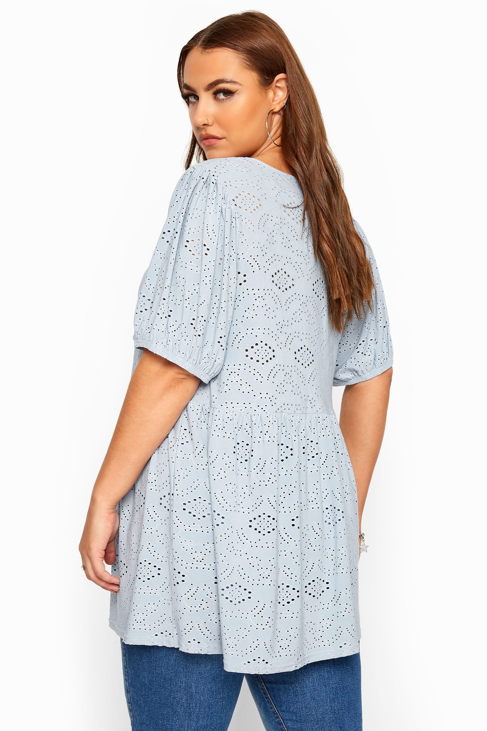 Blue Embroidered Puff Sleeve Smock Top | Yours Clothing