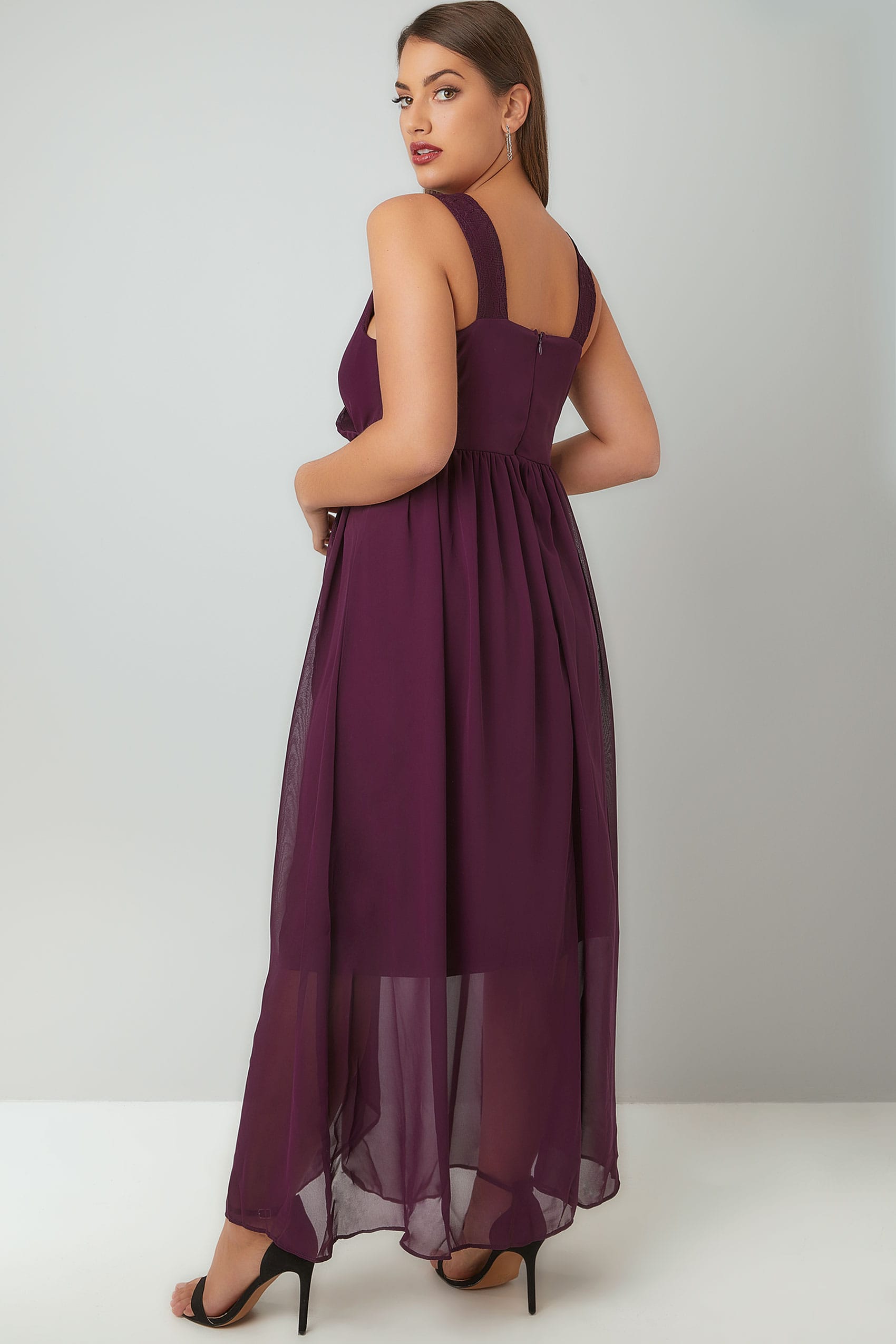 Purple Chiffon Maxi Dress With Wrap Front And Lace Details Plus Size 16 To 36 