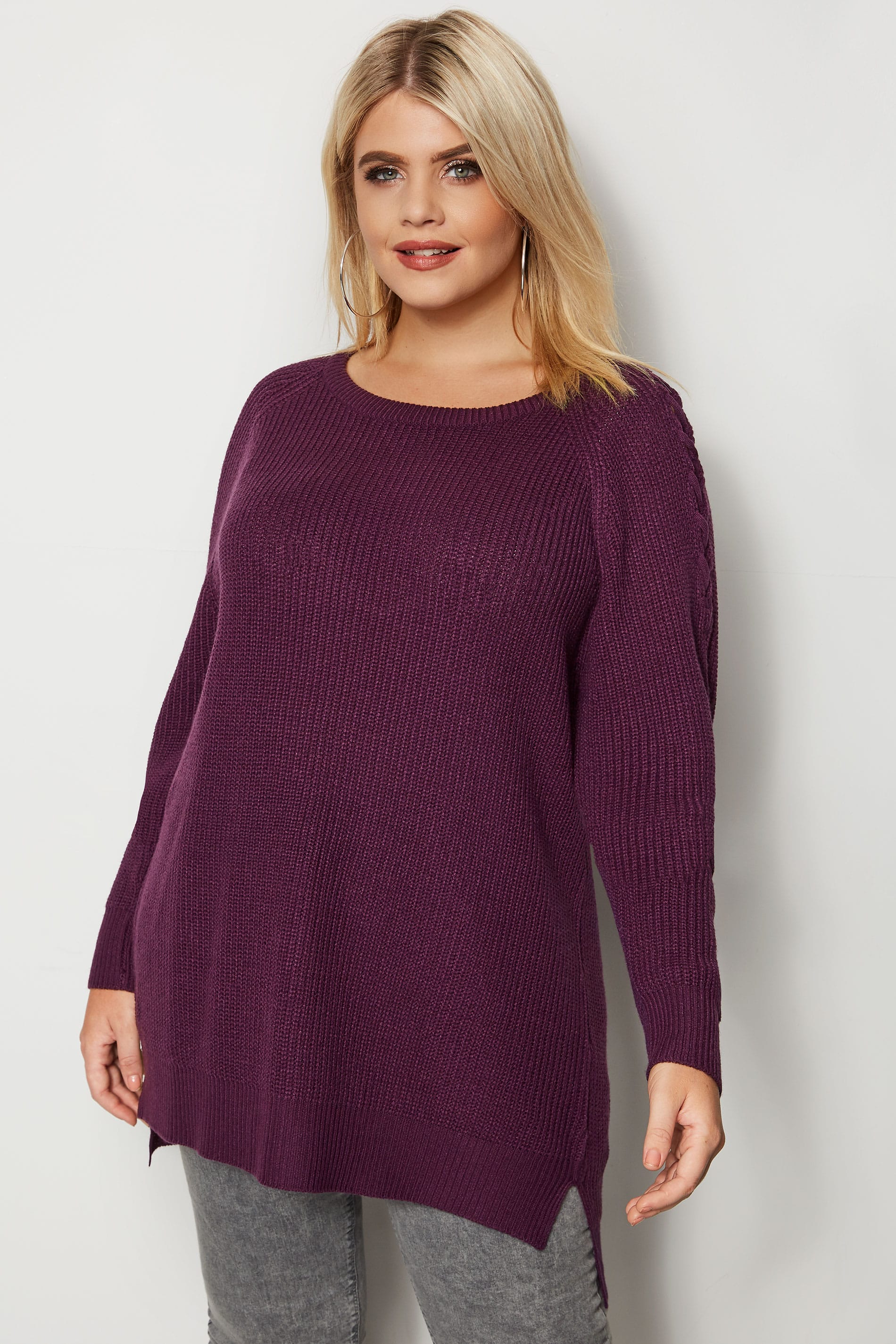 Purple Knitted Jumper With Lattice Shoulders, plus size 16 to 36