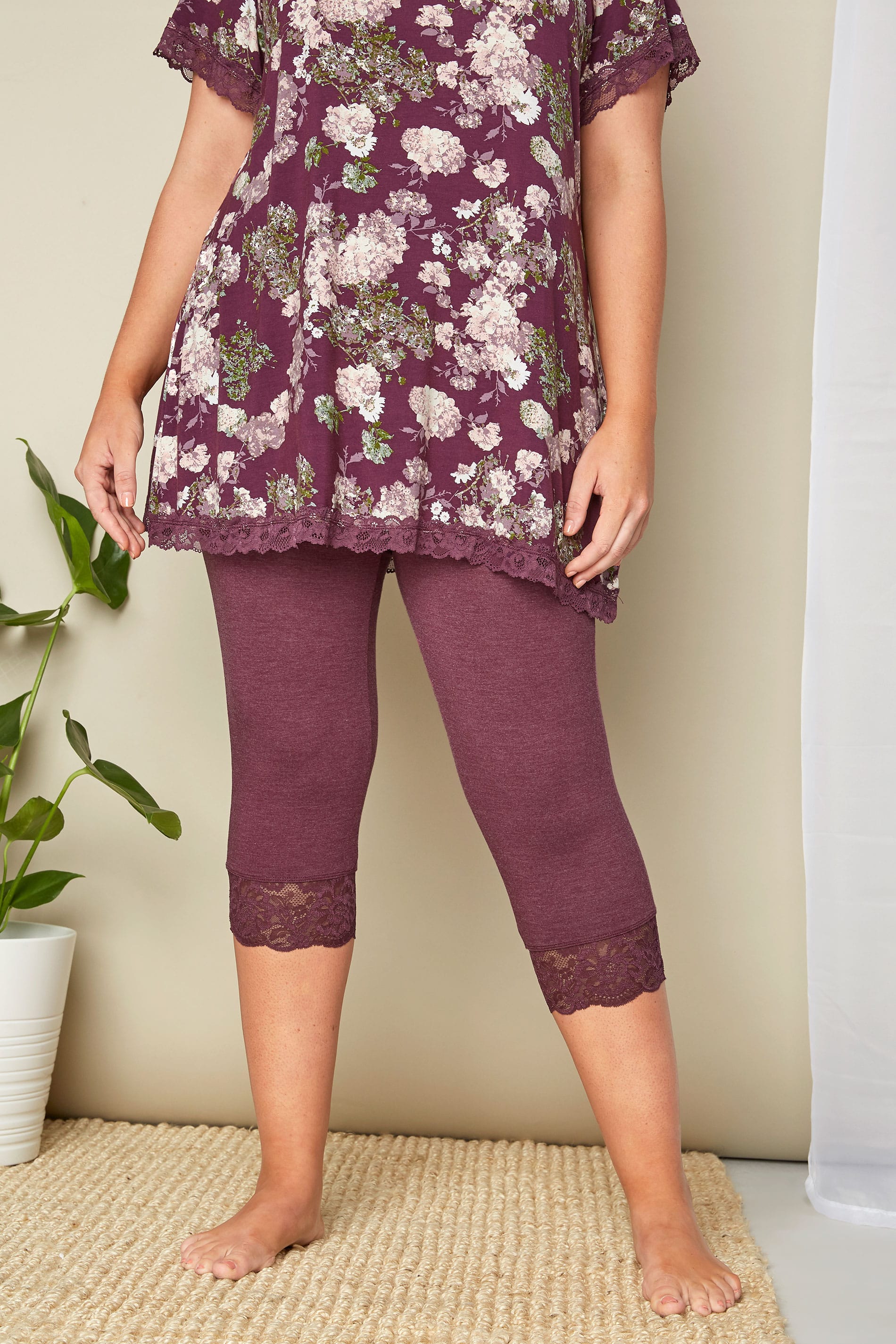 Purple Lace Cropped Loungewear Leggings , plus size 16 to 40