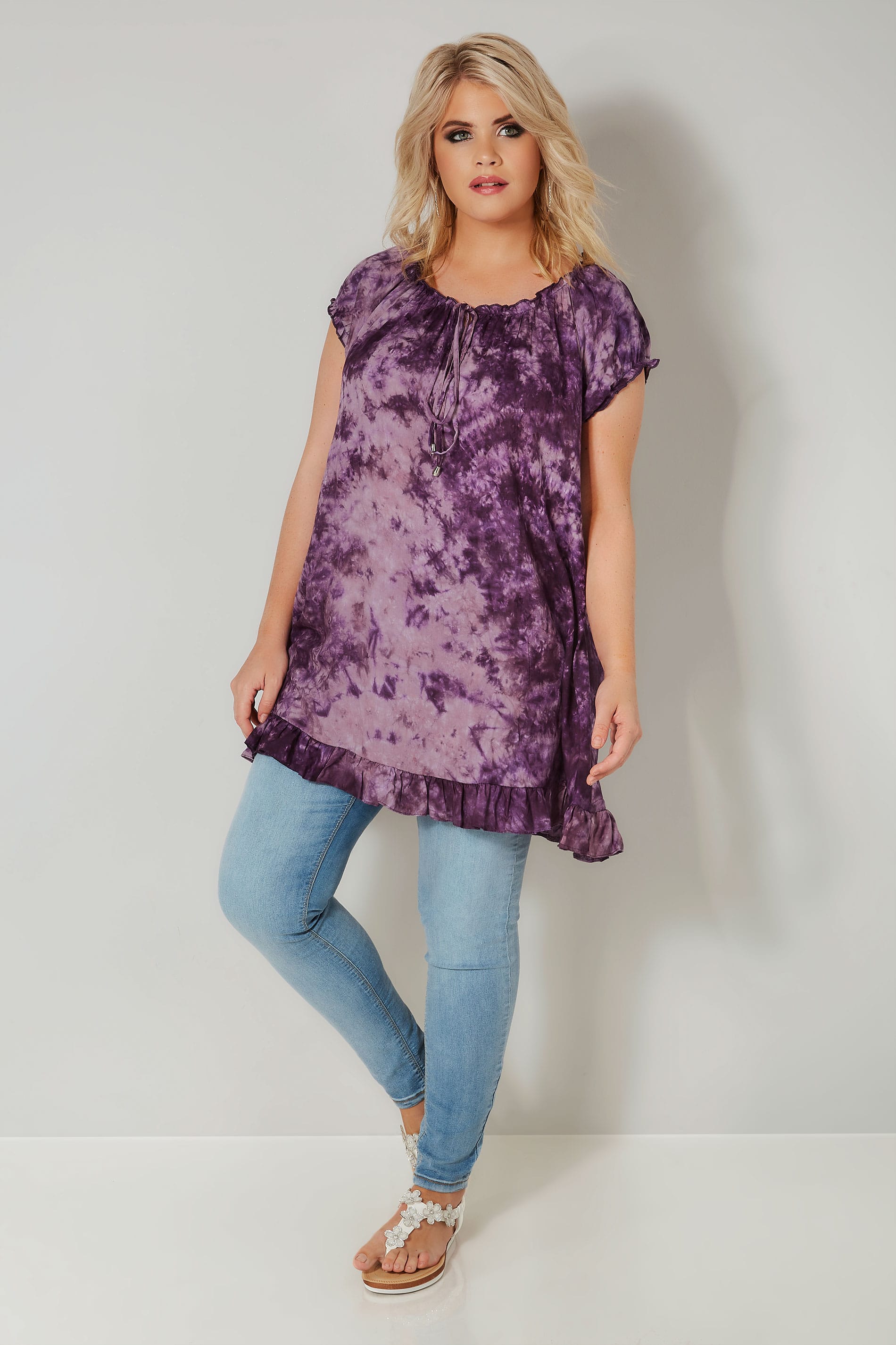 Purple Tie Dye Gypsy Top With Frill Hem, plus size 16 to 36