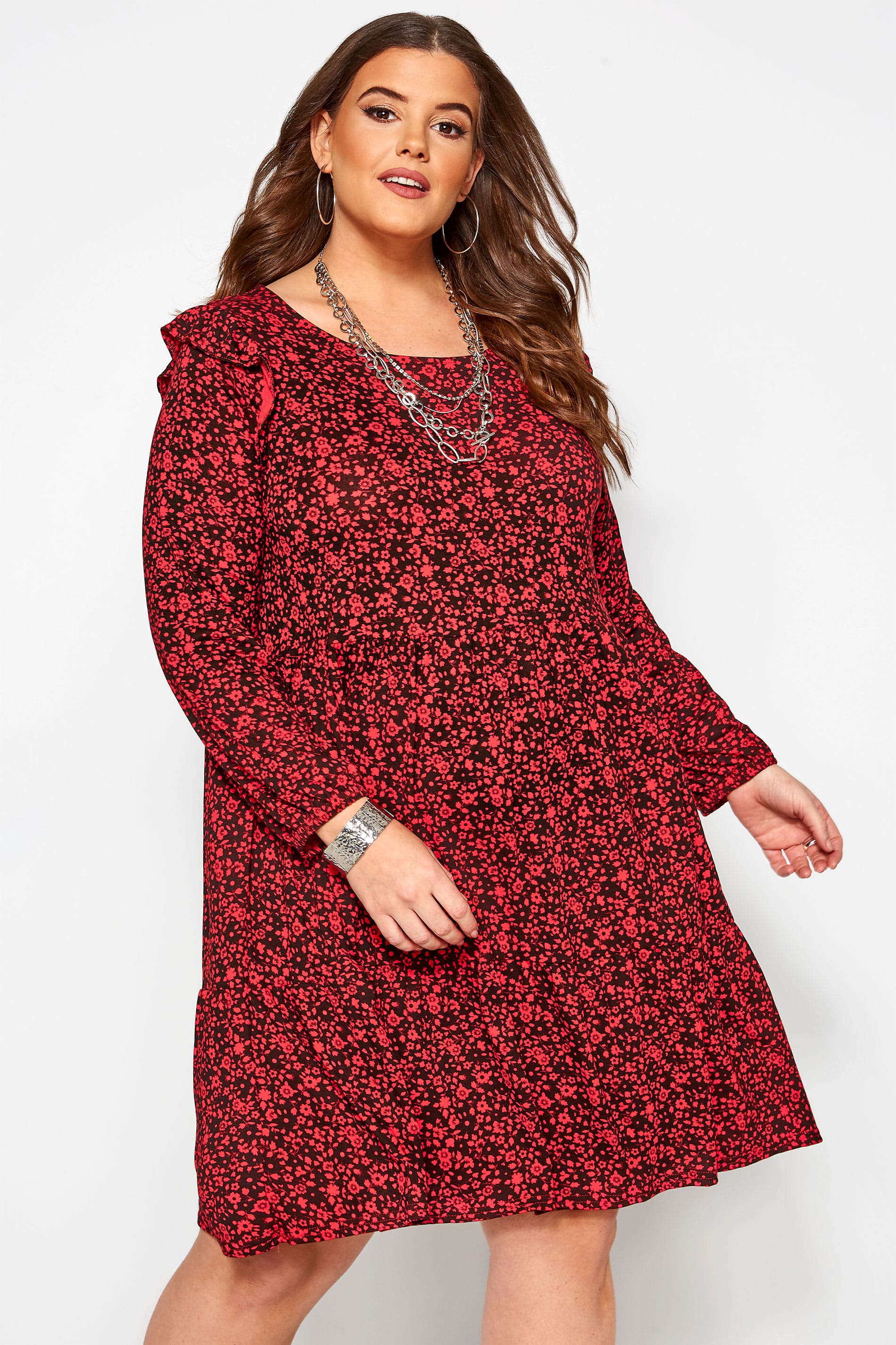 Red & Black Ditsy Floral Frill Dress | Yours Clothing