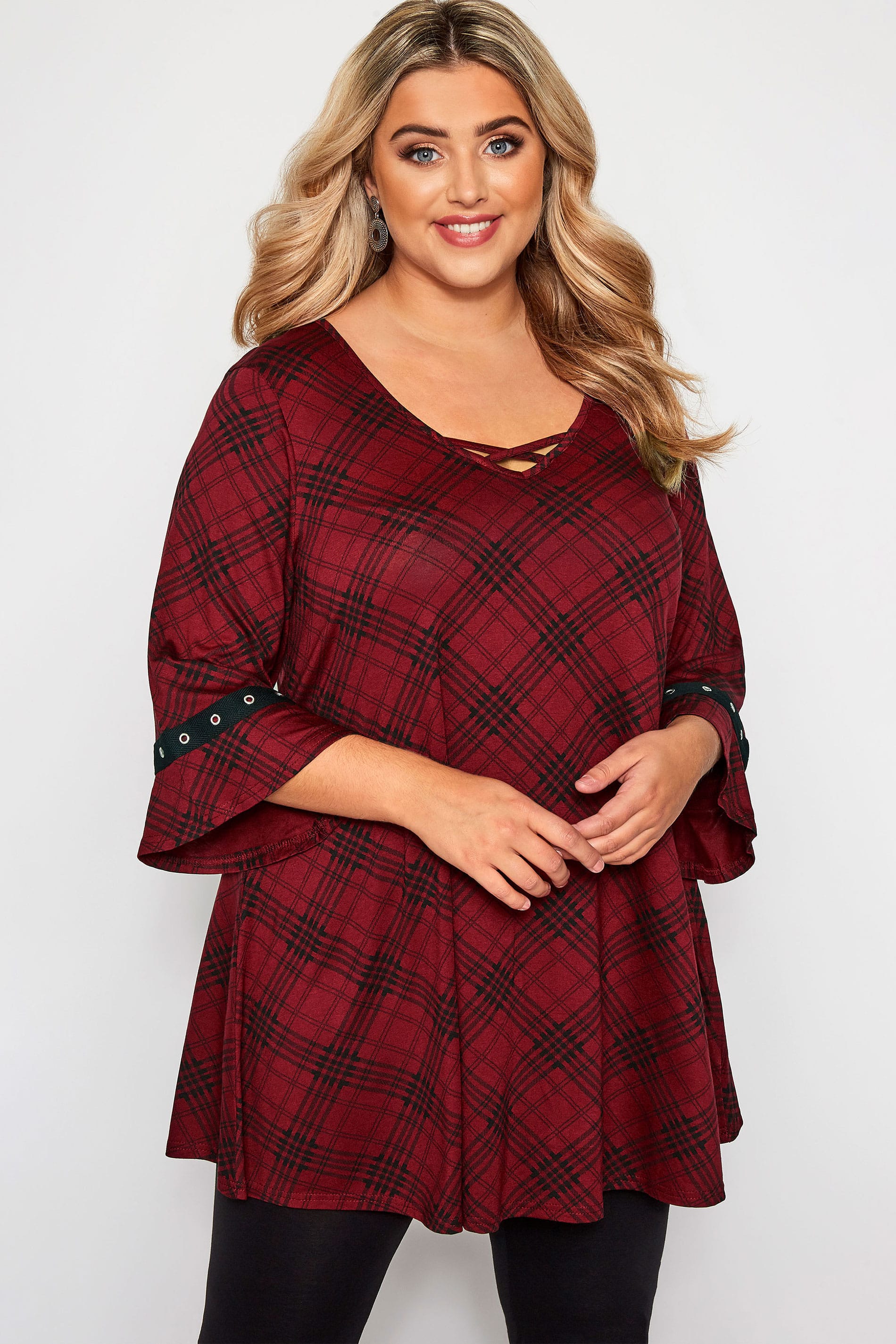 Burgundy Red Check Eyelet Longline Top | Yours Clothing