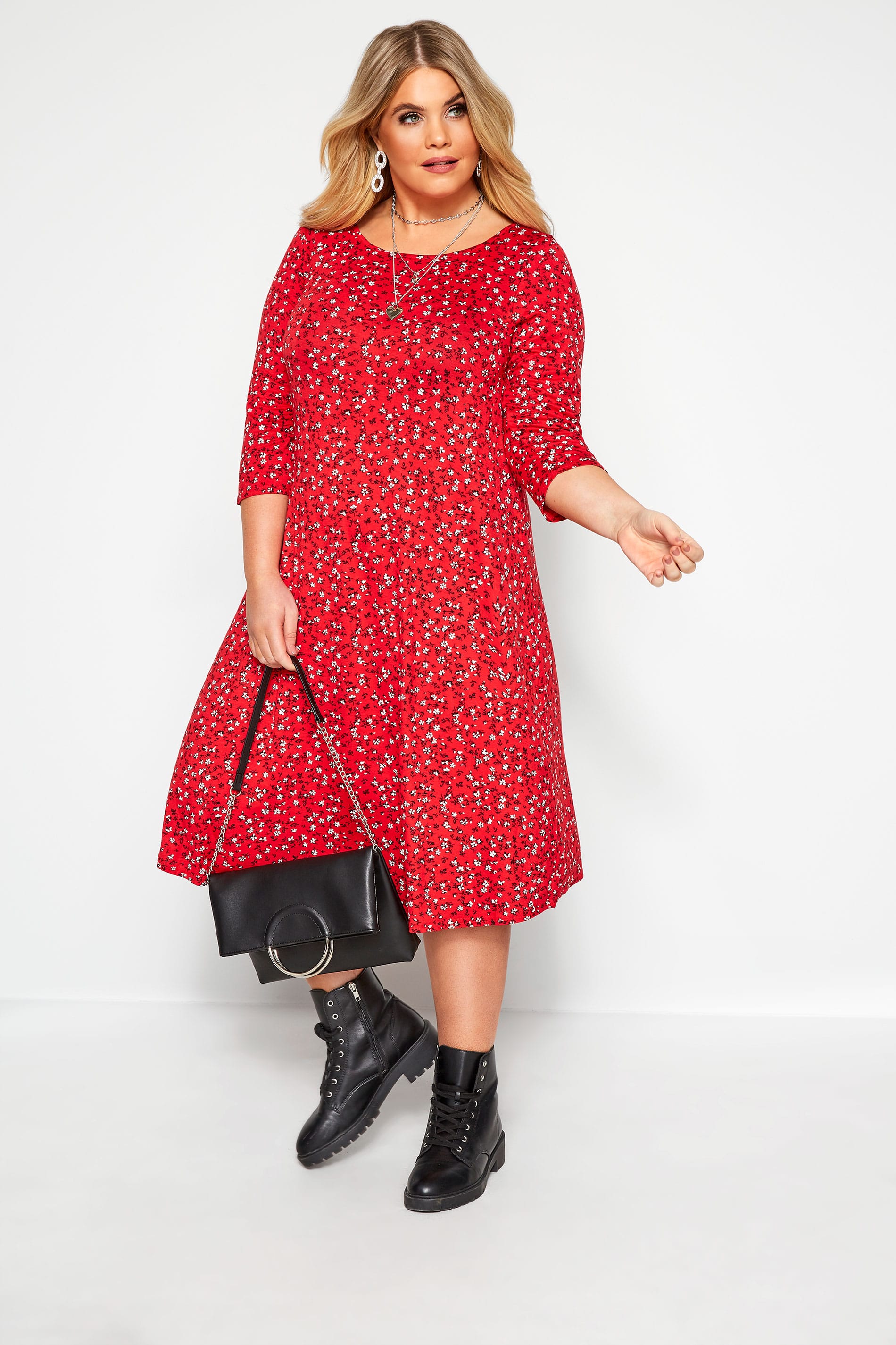 Red Ditsy Floral Swing Dress | Sizes 16-36 | Yours Clothing 2