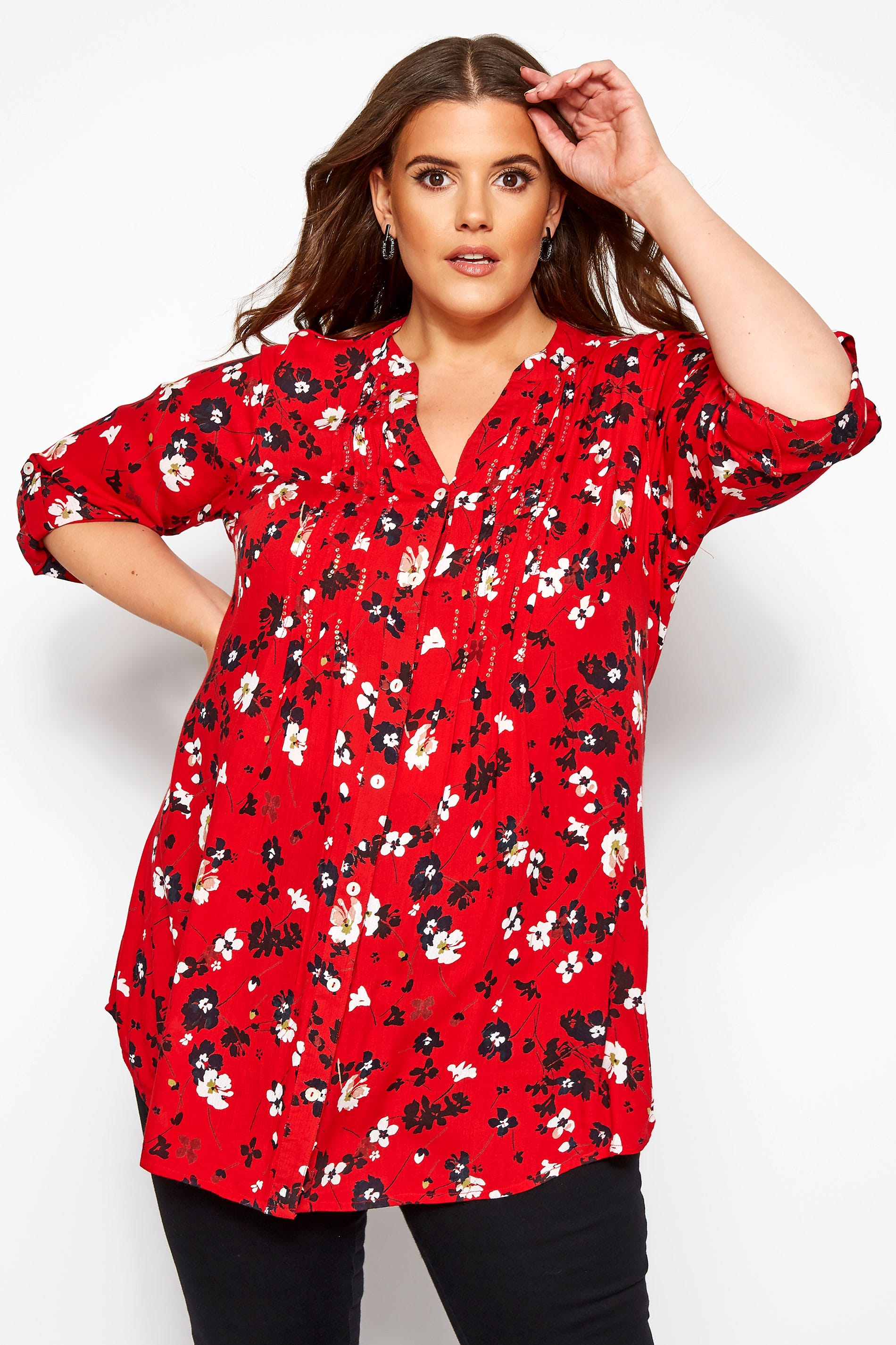 Red Floral Pintuck Shirt | Yours Clothing
