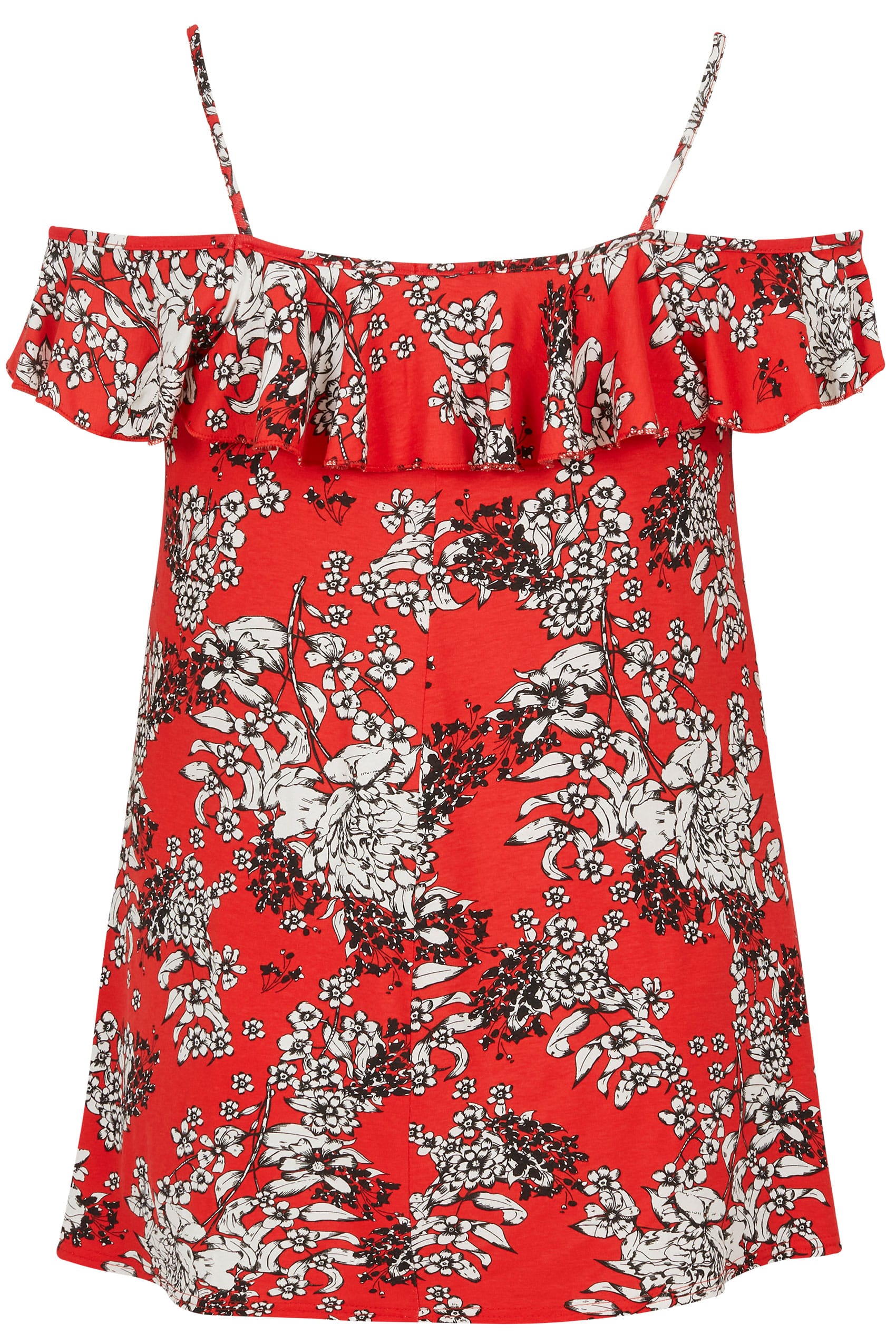 Red Floral Print Frilled Cold Shoulder Top, plus size 16 to 36