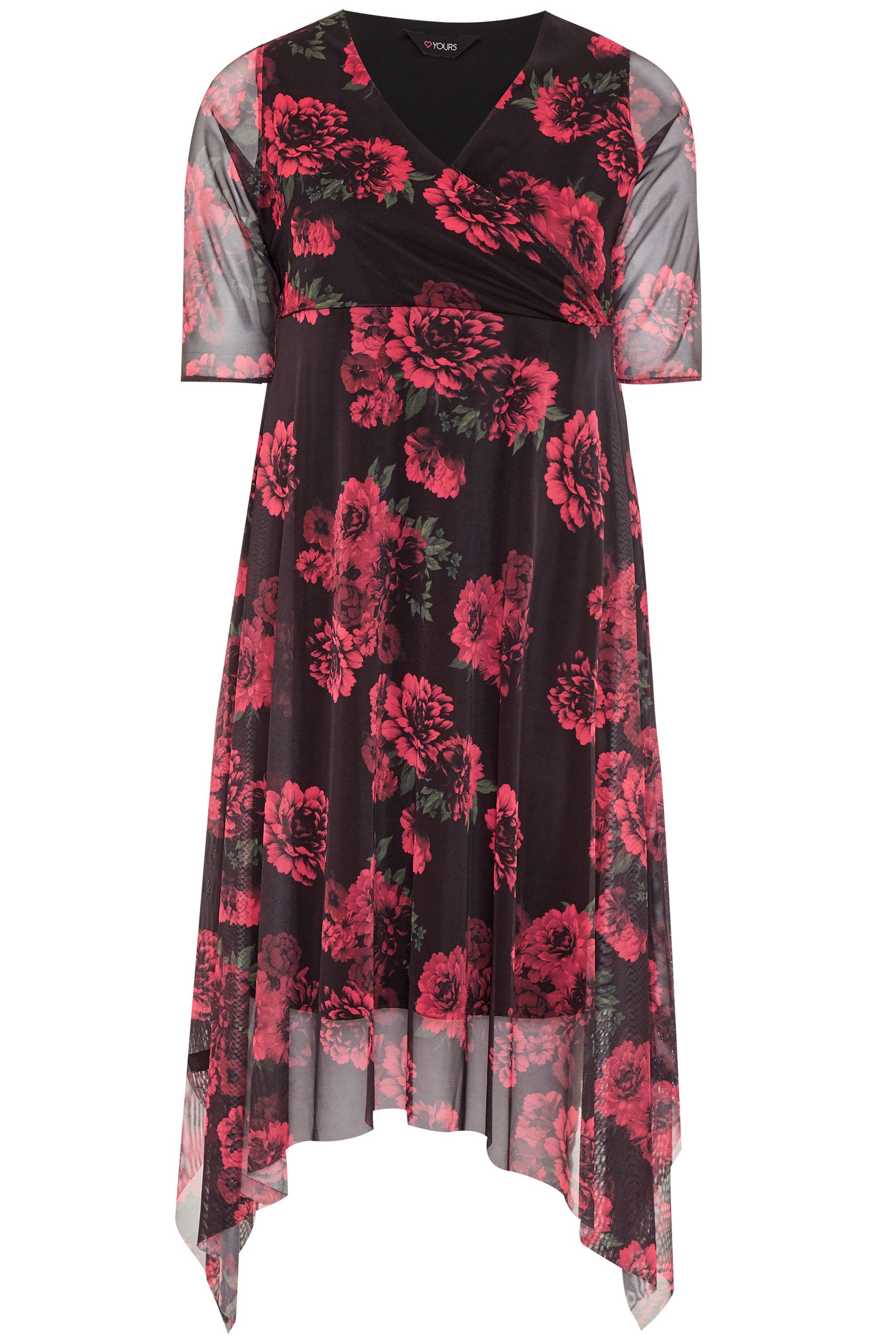 Black & Red Floral Mesh Wrap Dress | Yours Clothing