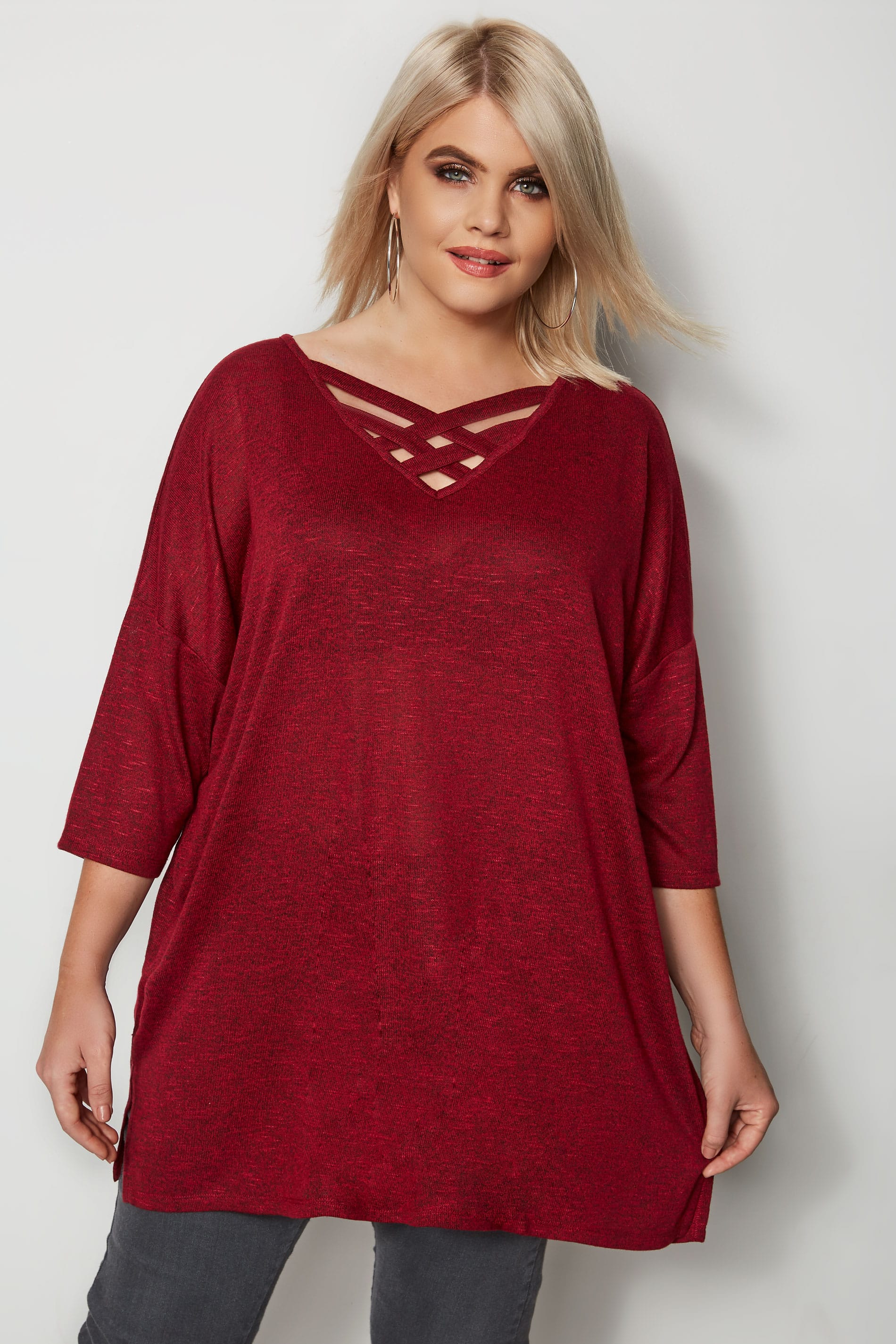 Red Lattice Front Knitted Top, plus size 16 to 36 | Yours Clothing