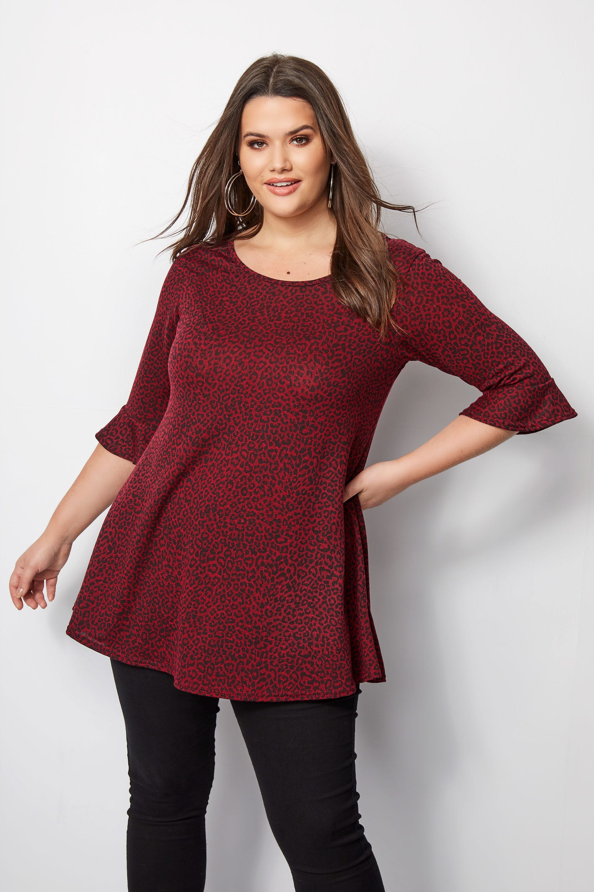 Red Leopard Top With Frill Sleeves, Plus size 16 to 36 | Yours Clothing