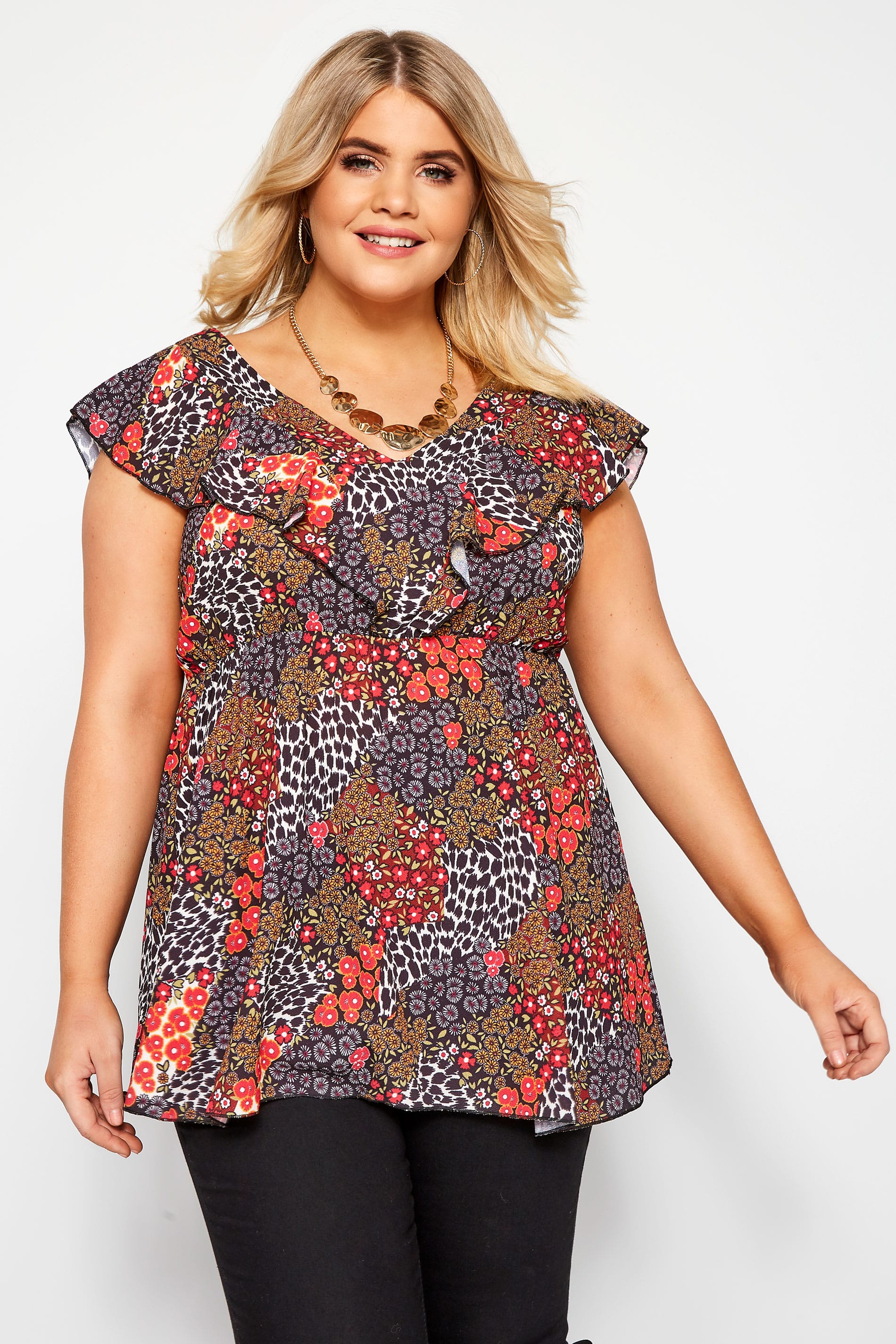 Red Mixed Floral Ruffle Peplum Blouse | Yours Clothing