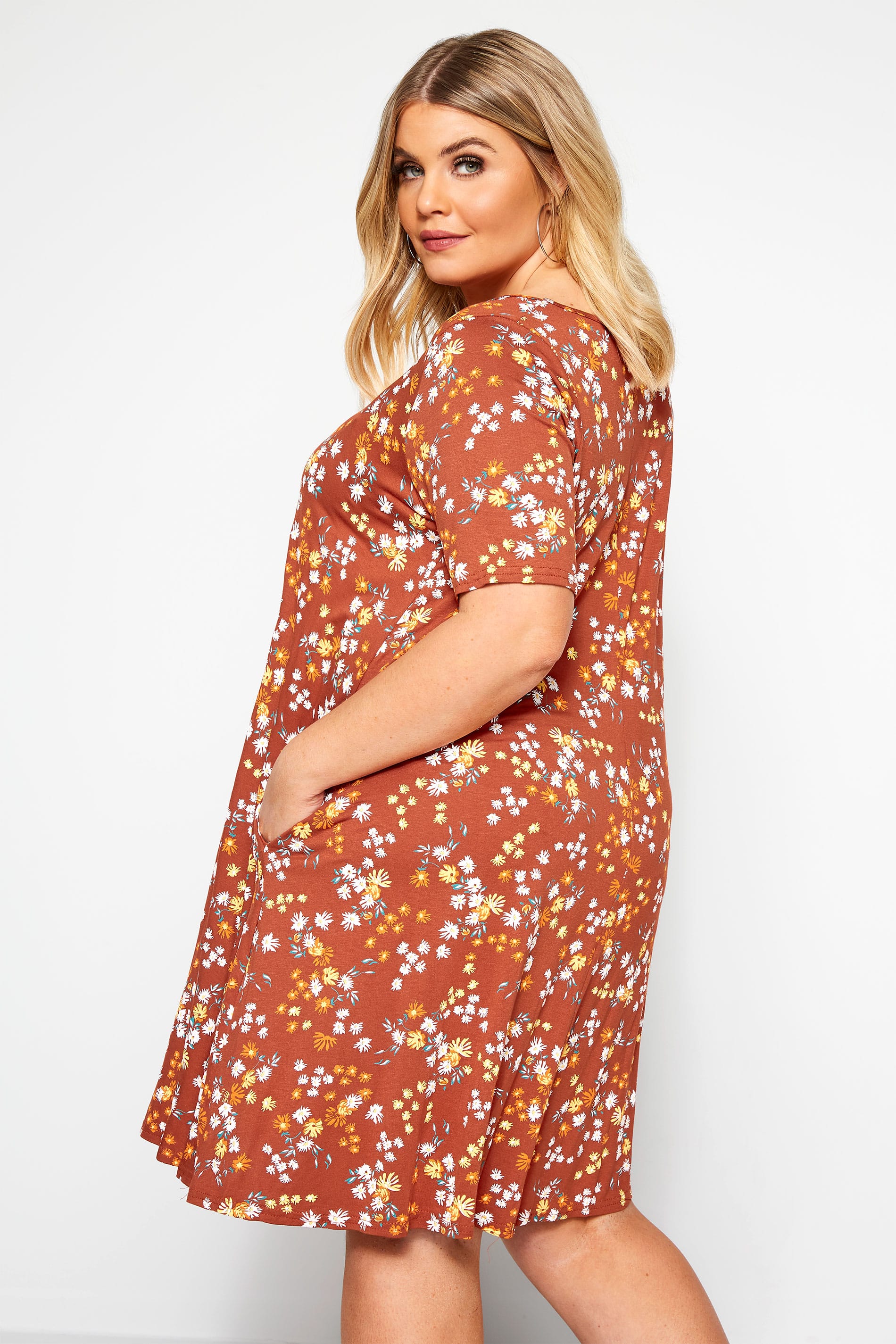 Rust Floral Pocket Swing Dress | Yours Clothing