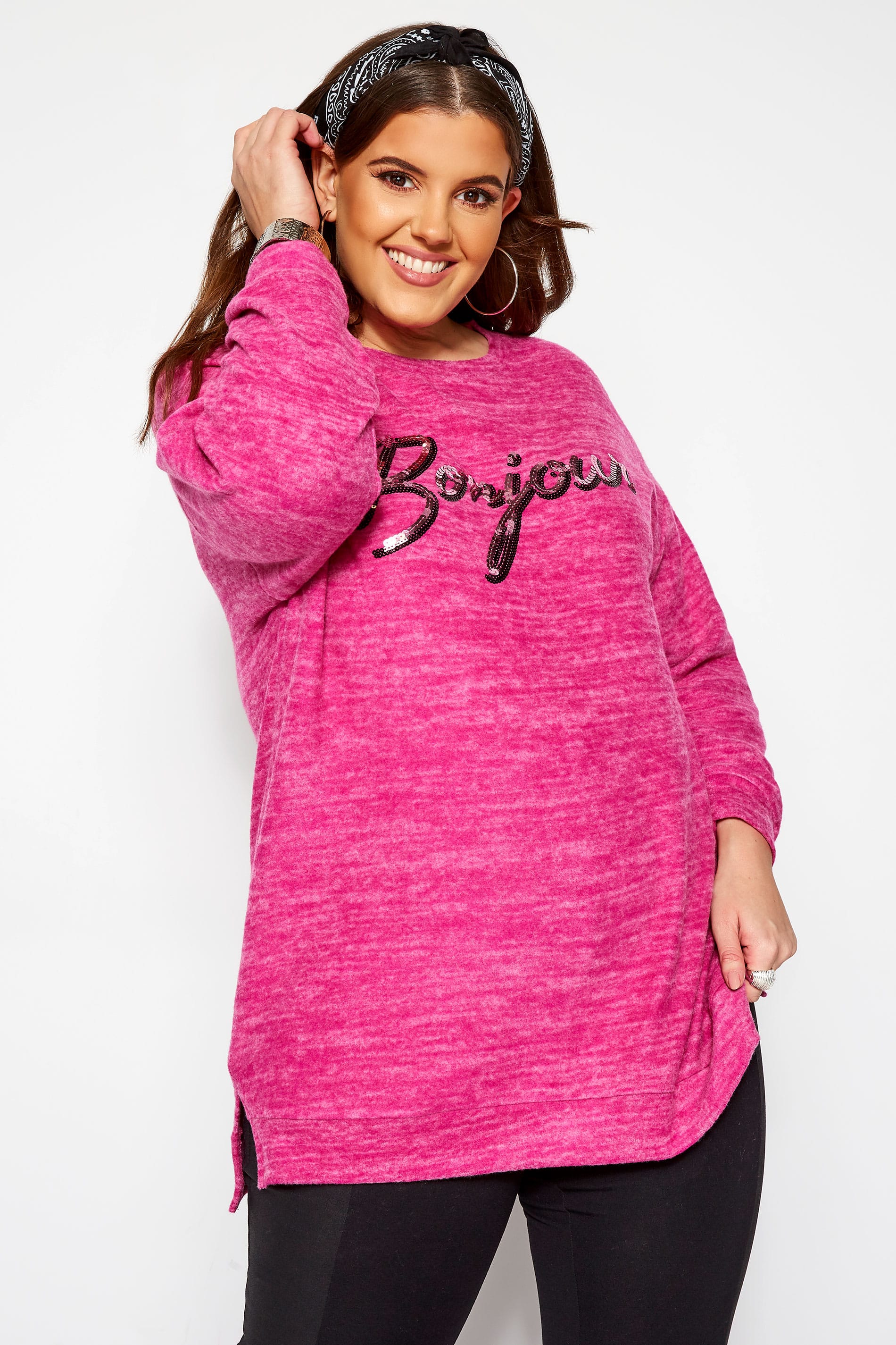 Pink Sequin 'Bonjour' Slogan Jumper | Yours Clothing