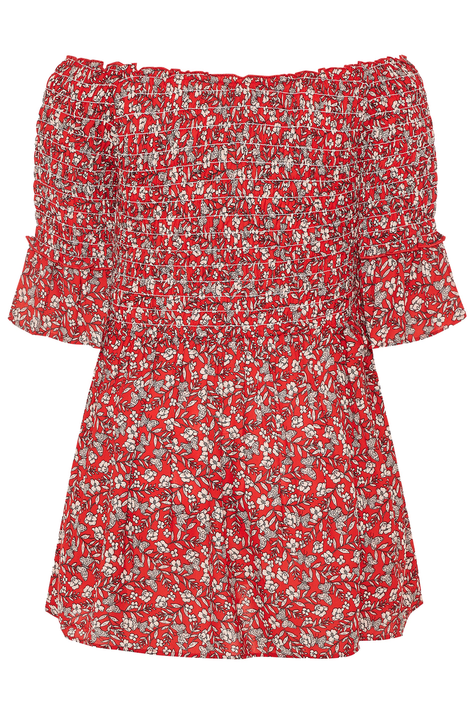 Red Ditsy Floral Shirred Bardot Top | Yours Clothing
