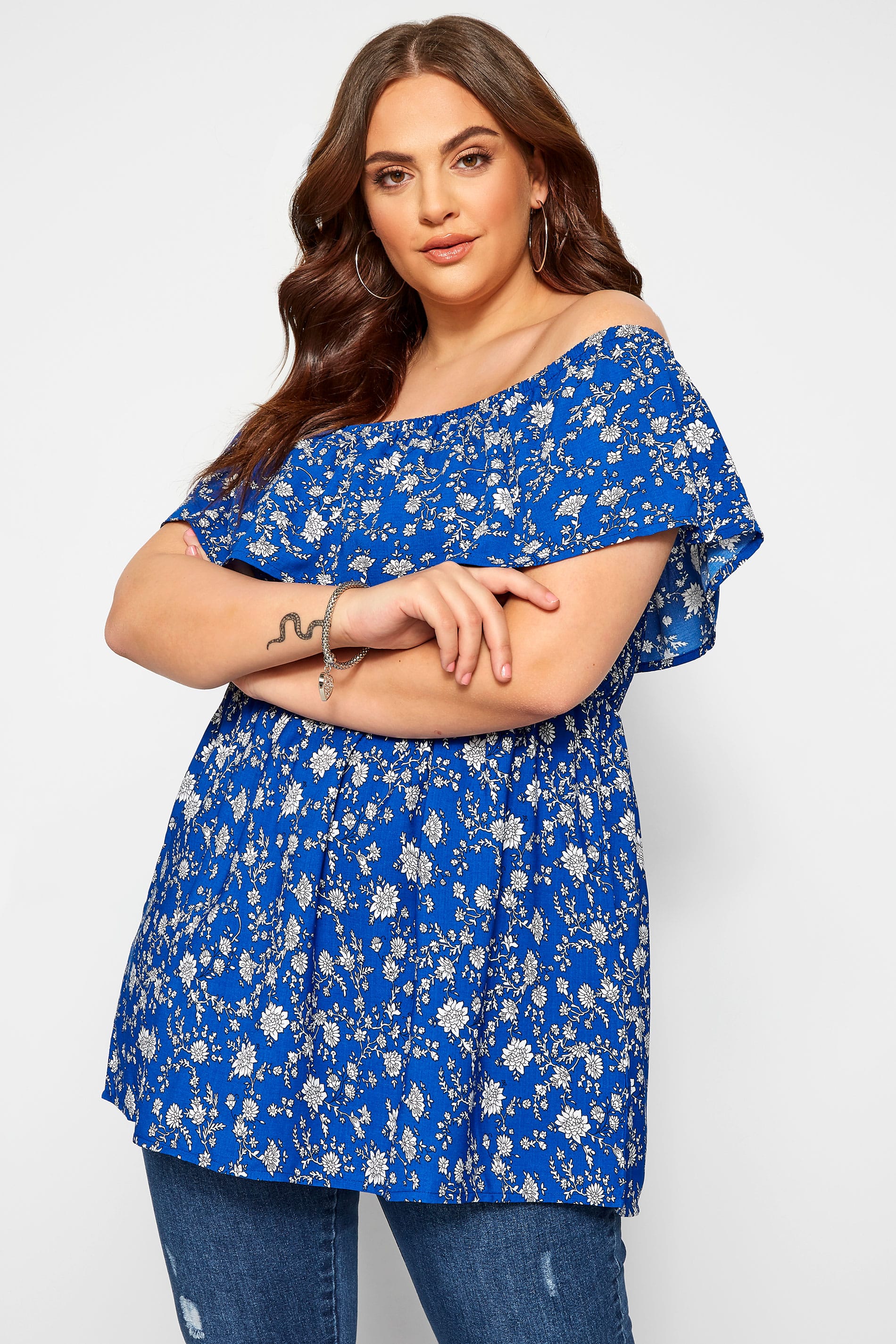 Blue Ditsy Floral Shirred Bardot Top | Yours Clothing