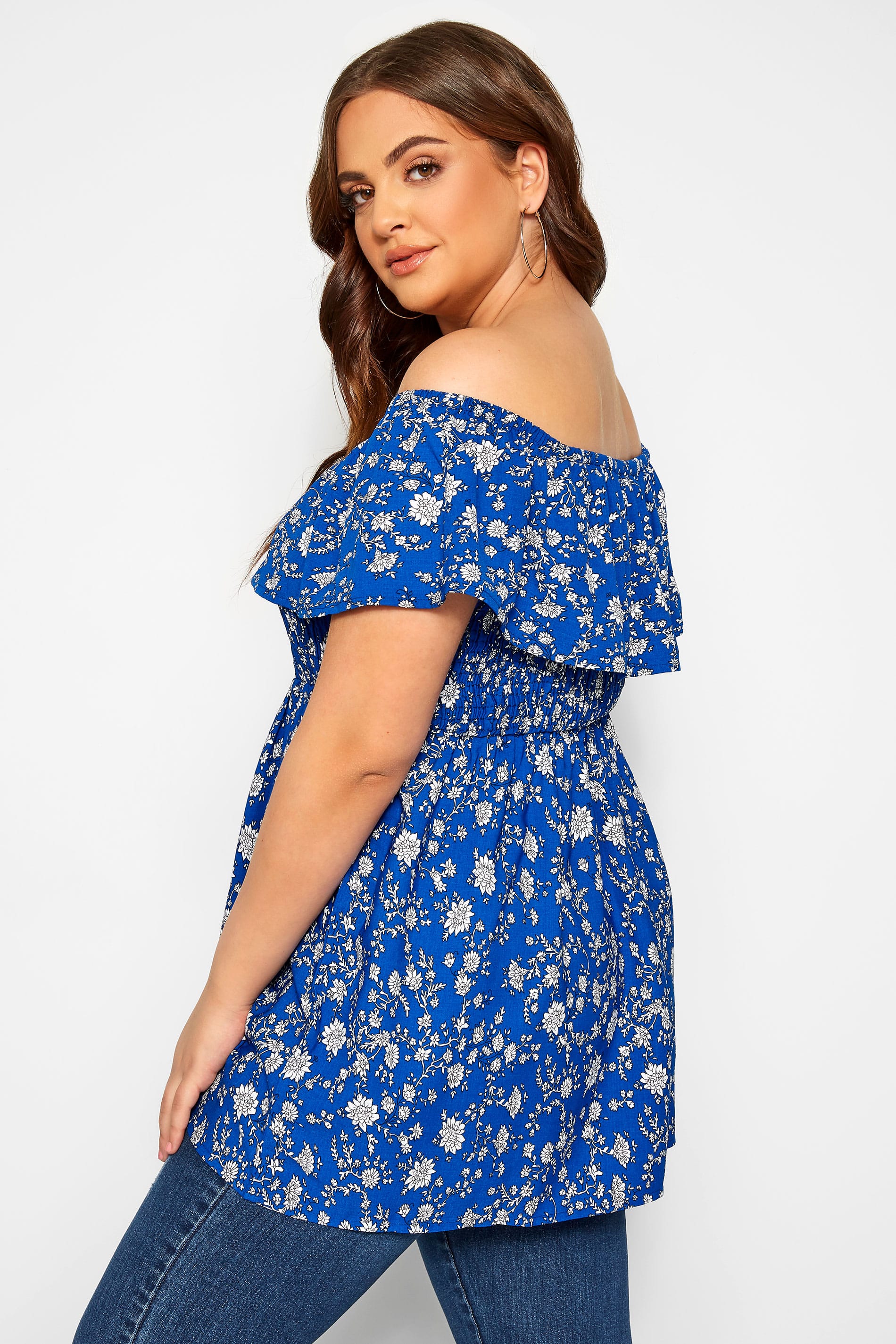 Blue Ditsy Floral Shirred Bardot Top Yours Clothing 