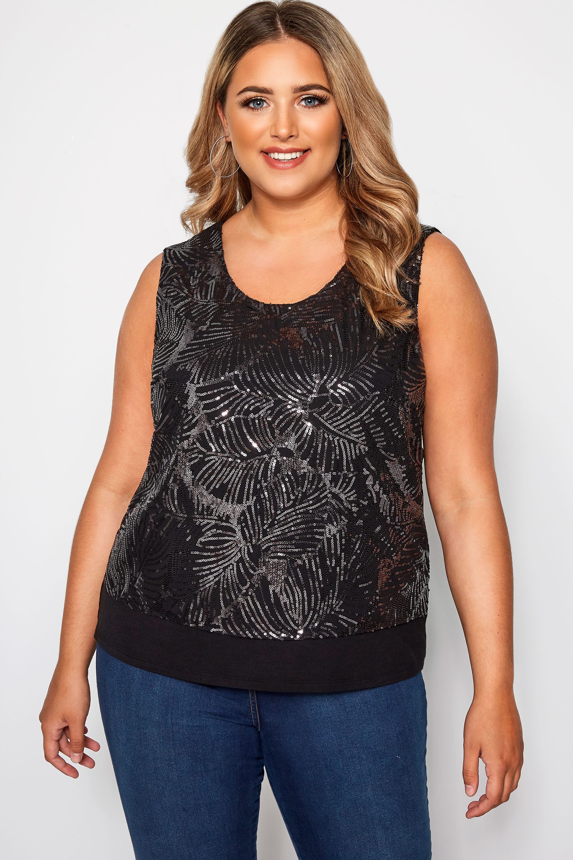 SIZE UP Black Sequin Jersey Top | Sizes 16 to 32 | Yours Clothing