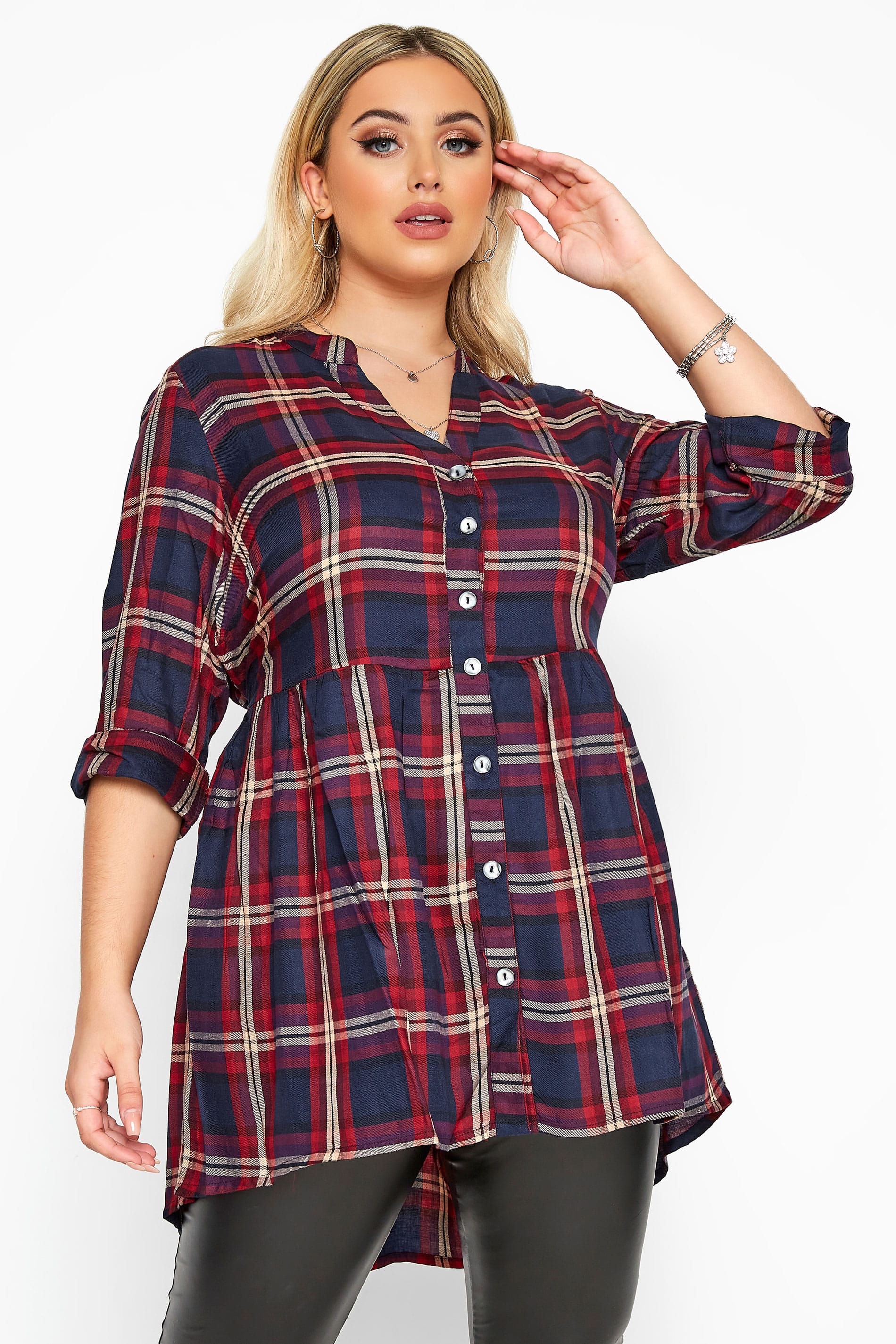 Navy & Burgundy Check Smock Shirt | Yours Clothing