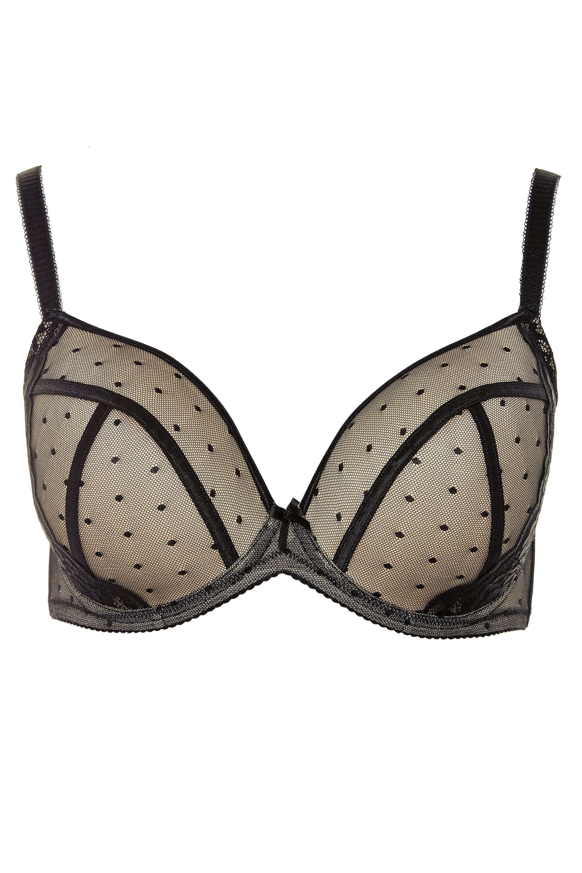 Black Spot Mesh Lace Plunge Bra | Yours Clothing