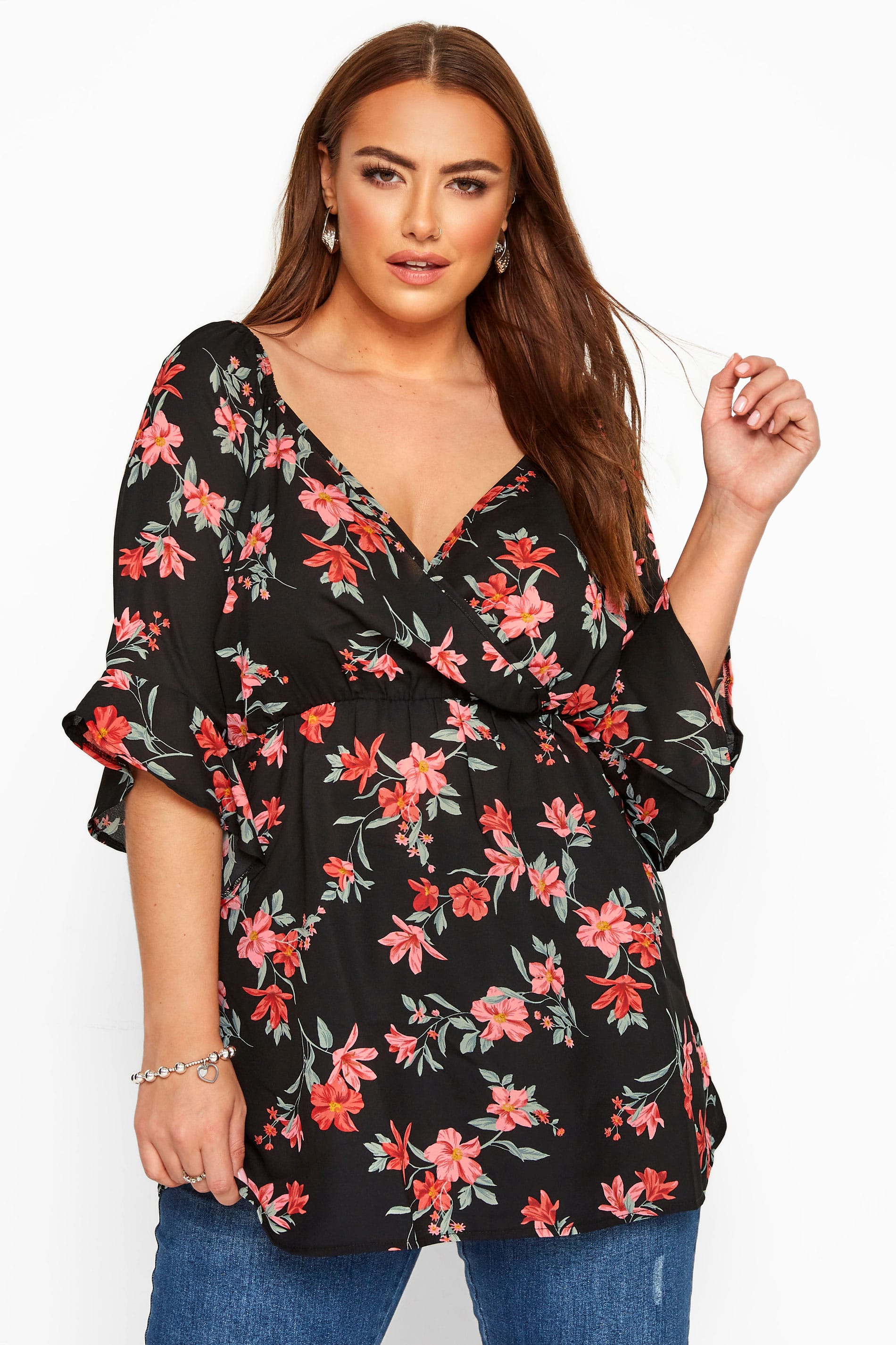Black Floral Chiffon Wrap Top | Yours Clothing