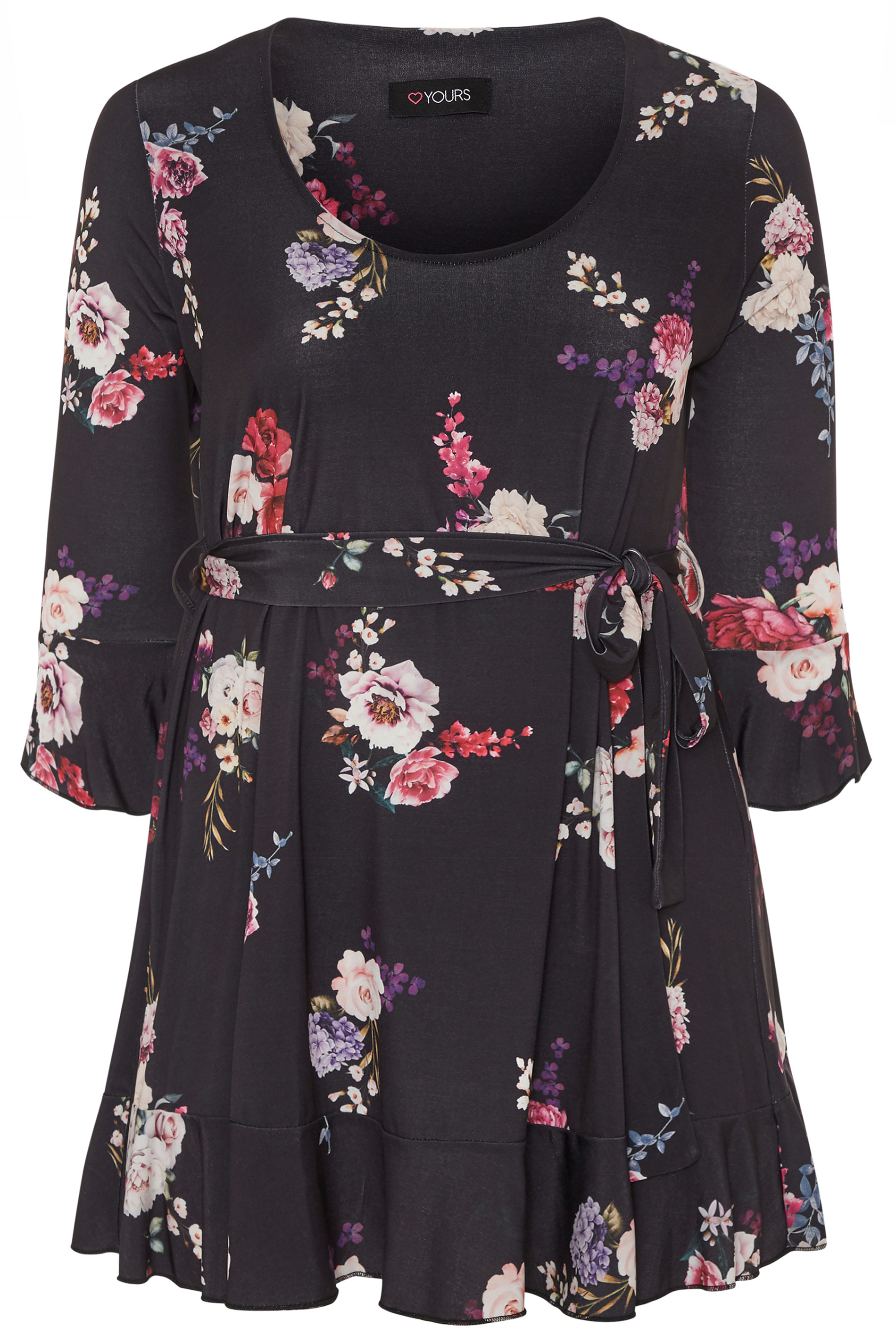 YOURS LONDON Black Floral Frill Belted Top | Yours Clothing