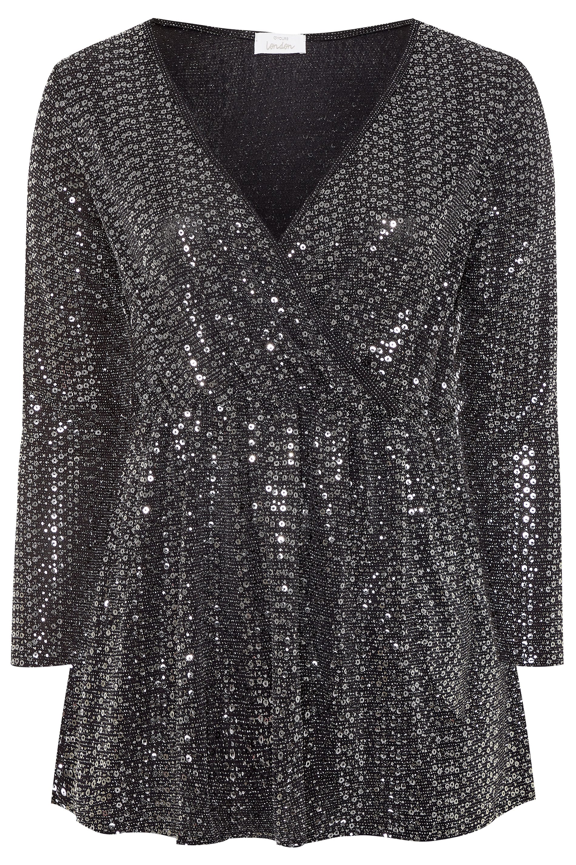 YOURS LONDON Silver Sequin Wrap Top | Yours Clothing