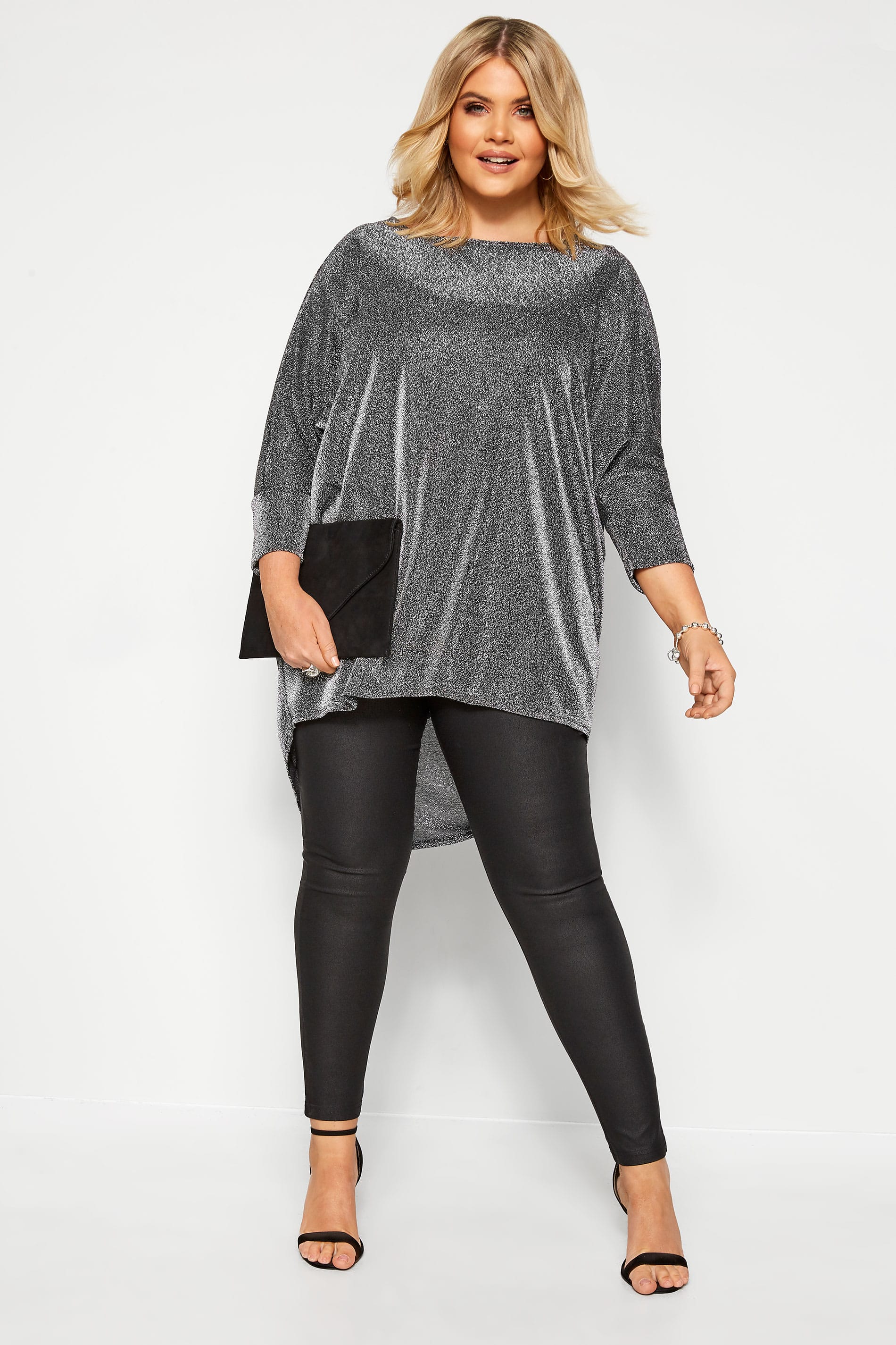 Silver Sparkle Extreme Dipped Hem Top | Yours Clothing