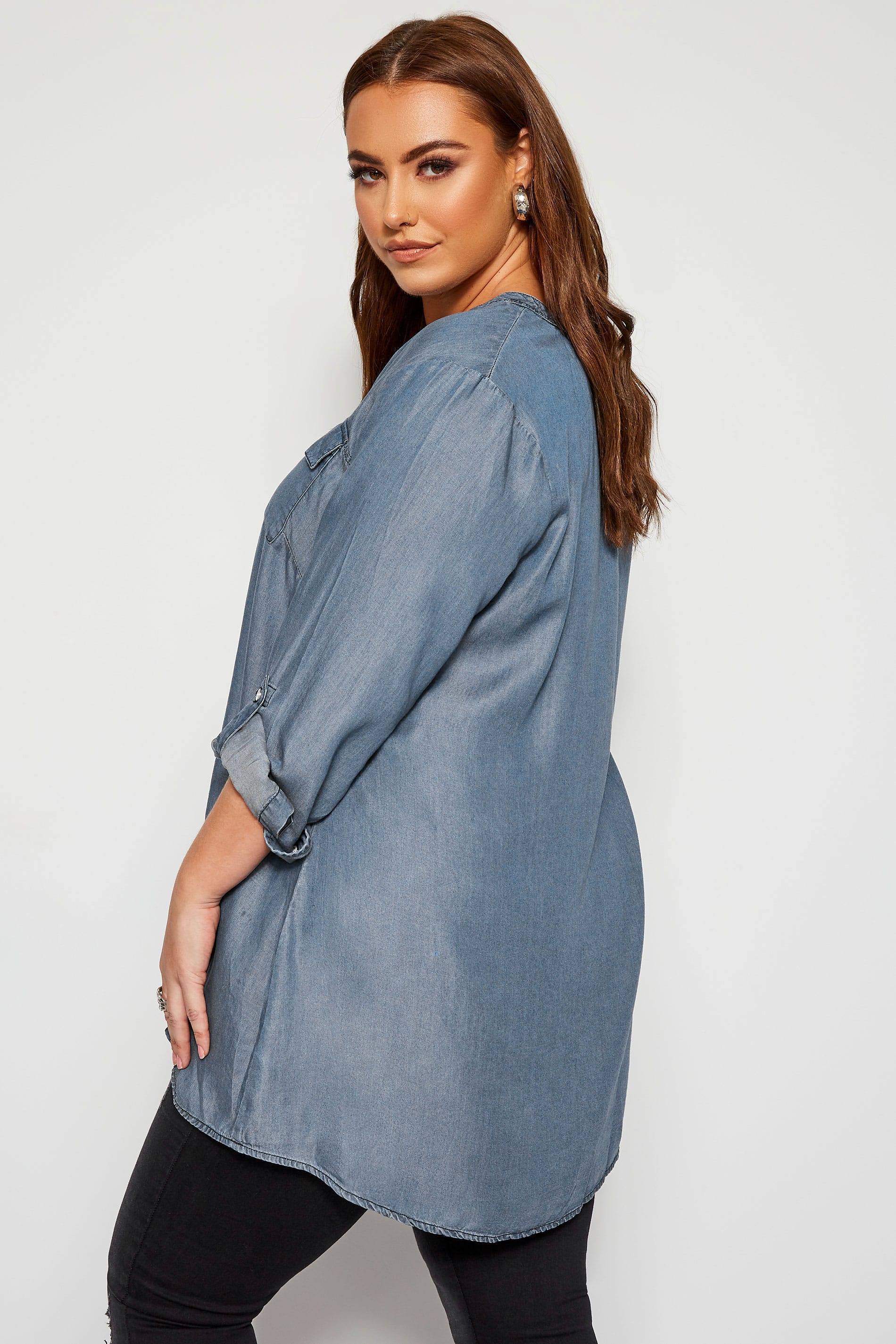 Blue Denim Zip Neck Shirt | Yours Clothing