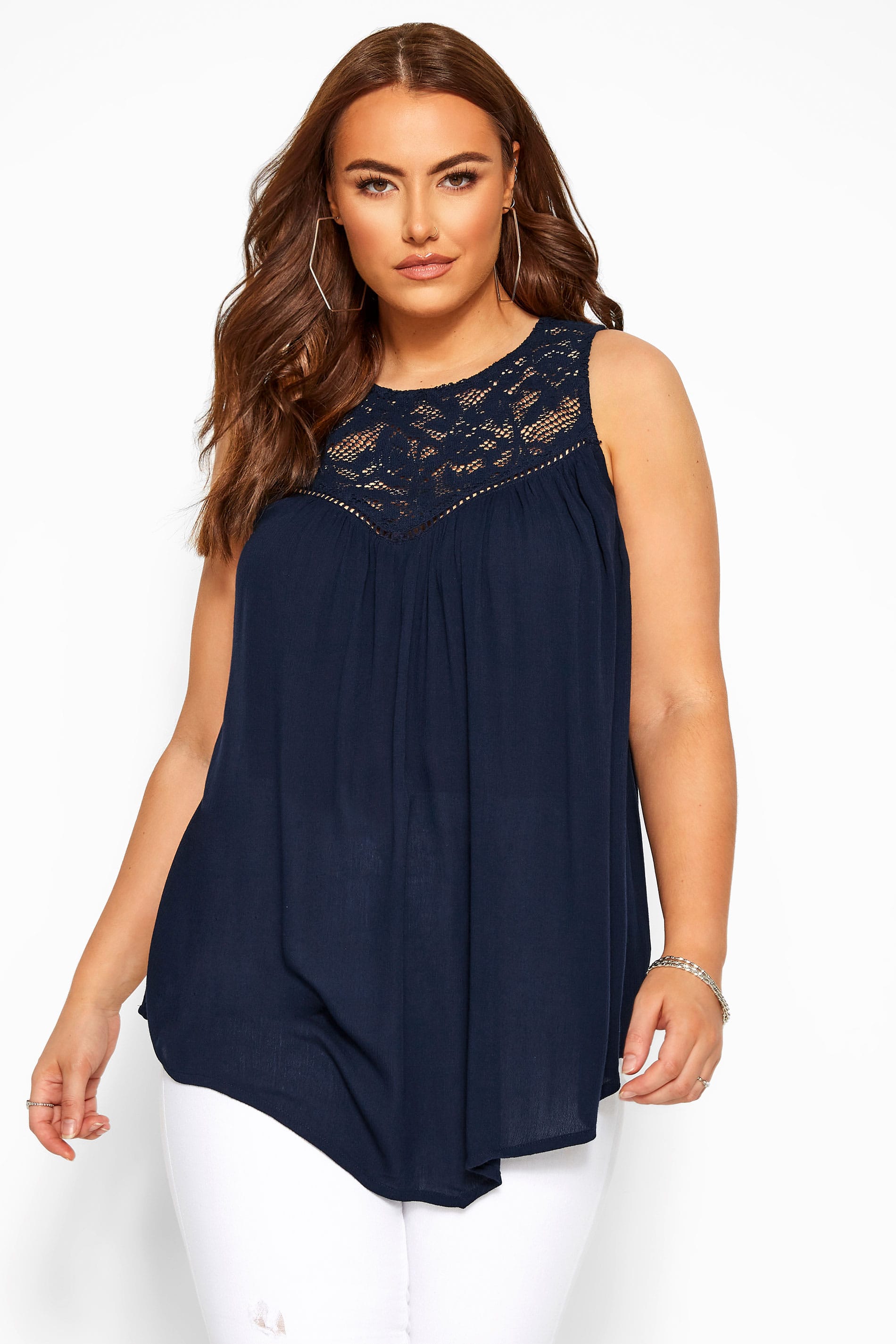 Navy Asymmetric Lace Top | Yours Clothing