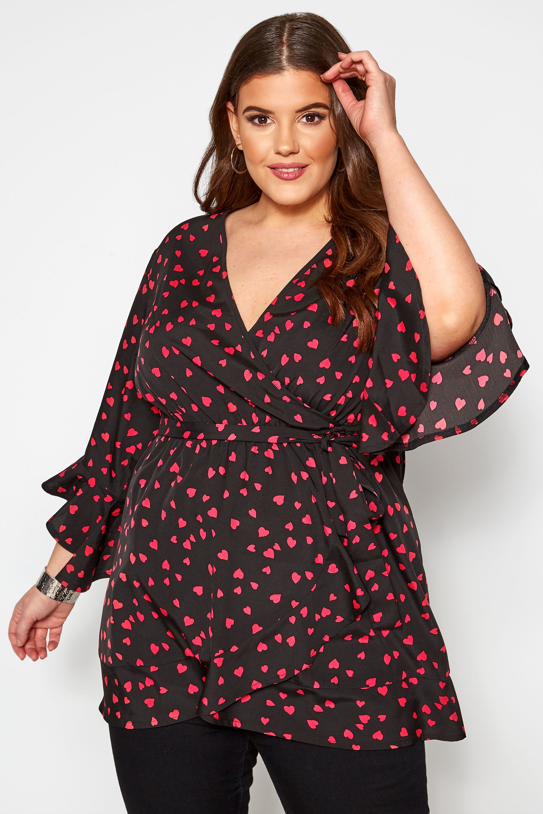 Black & Pink Heart Print Wrap Top | Yours Clothing