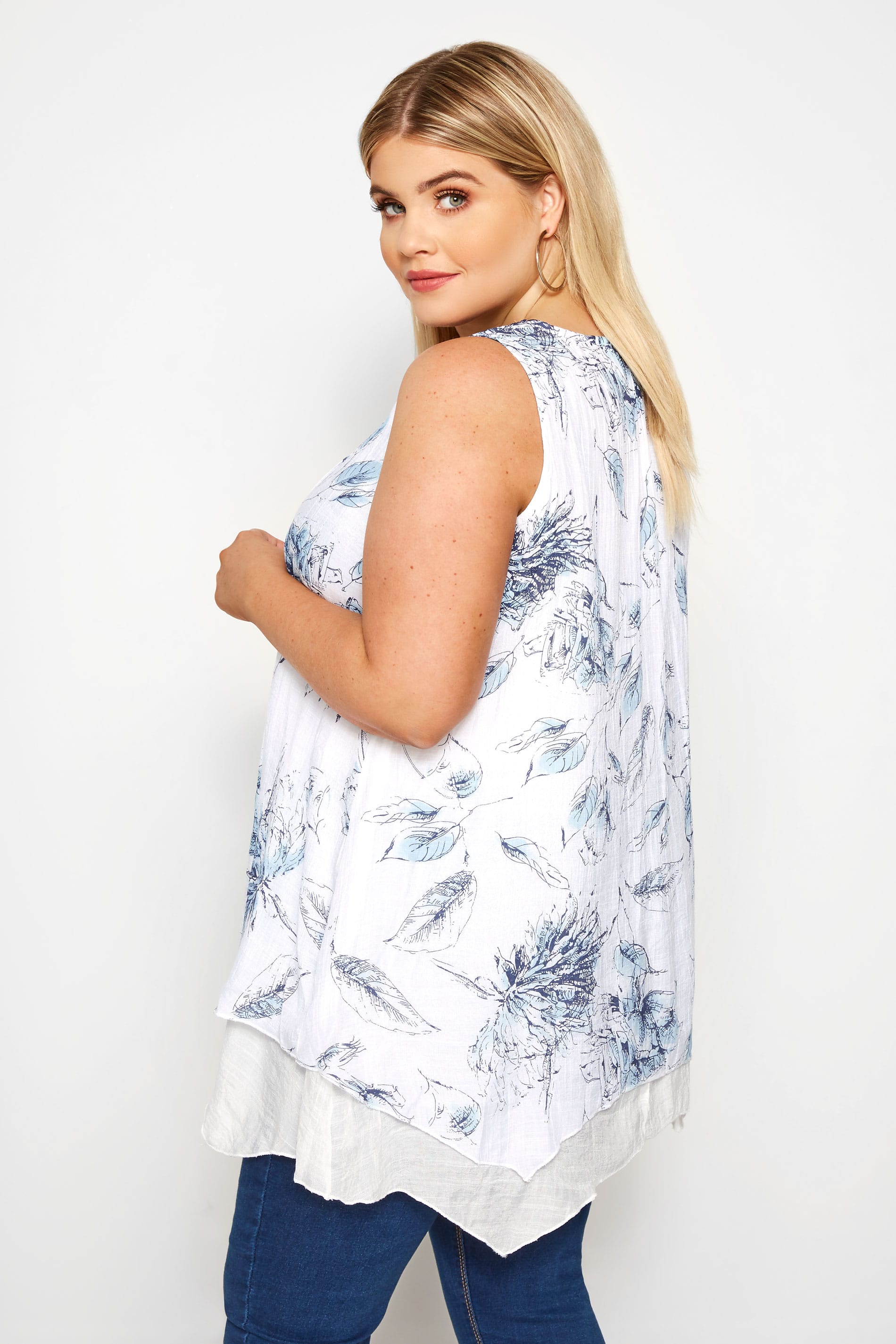 White & Blue Floral Double Layered Blouse | Yours Clothing