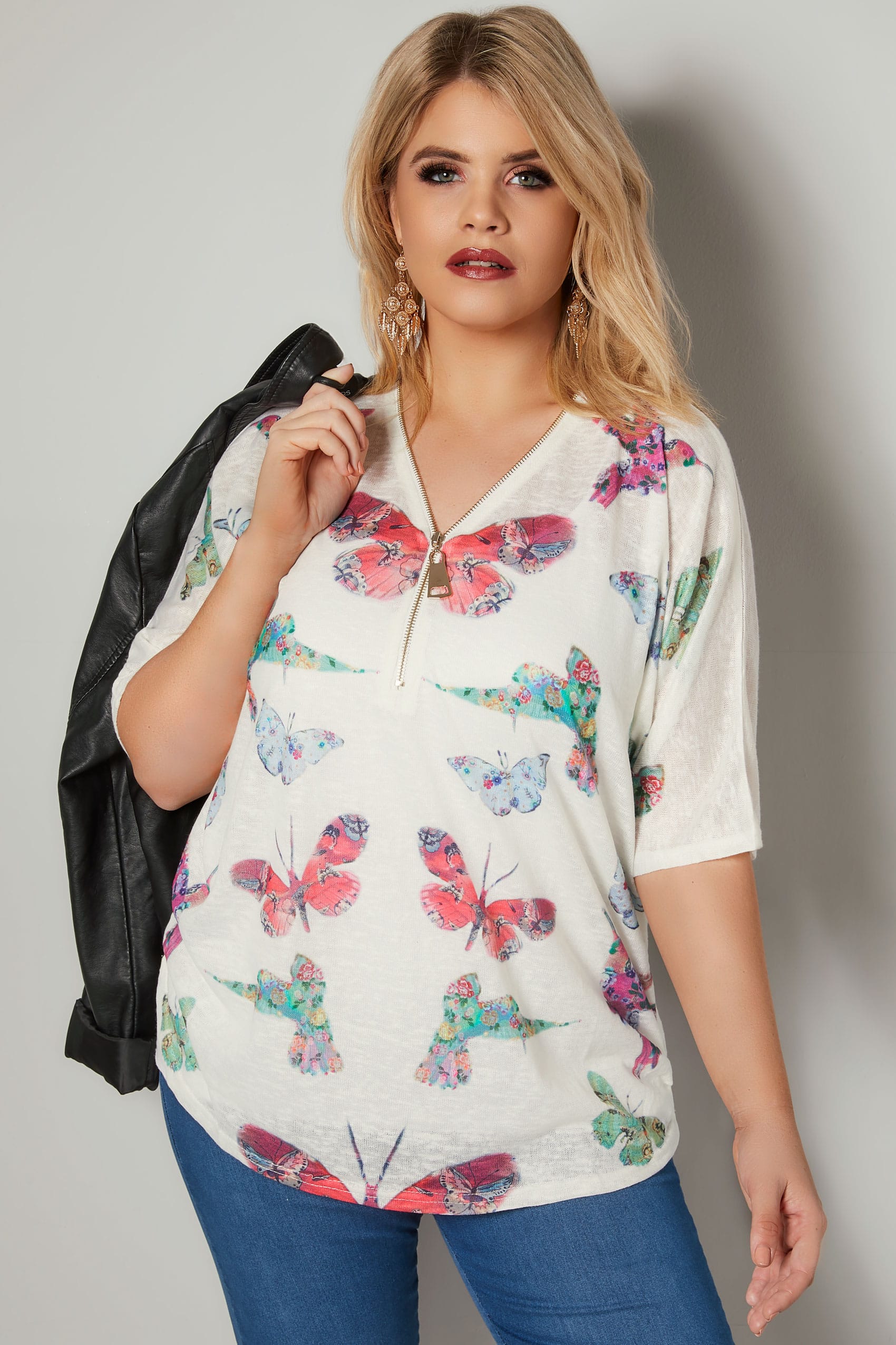 White Butterfly Print Fine Knit Top With Zip Neckline 
