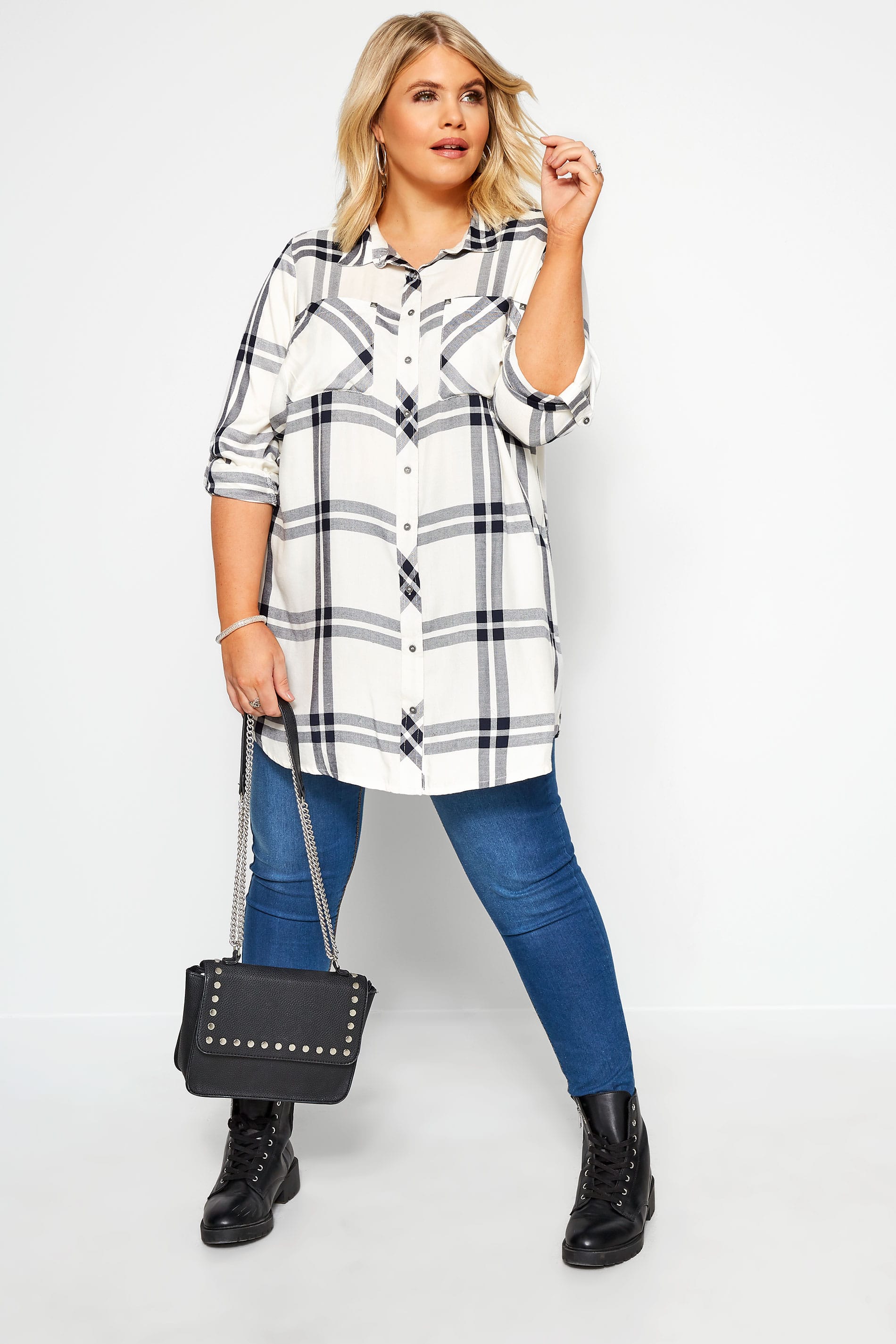White Check Studded Boyfriend Shirt | Yours Clothing