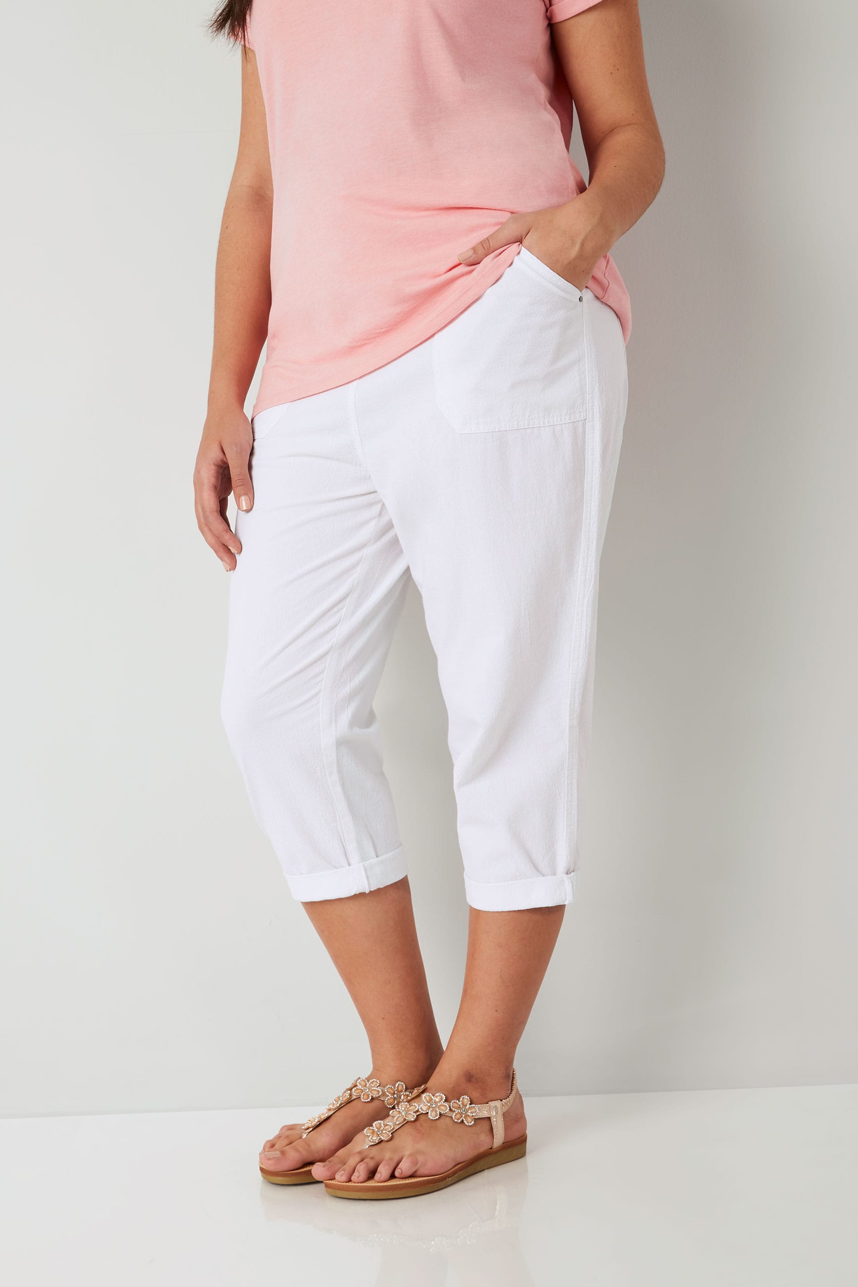 White Cool Cotton Cropped Trousers, plus size 16 to 36