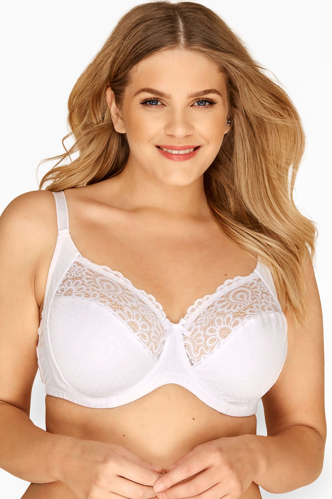 White Cotton Rich Spot And Lace Underwired Bra Sizes 38dd To 48g 