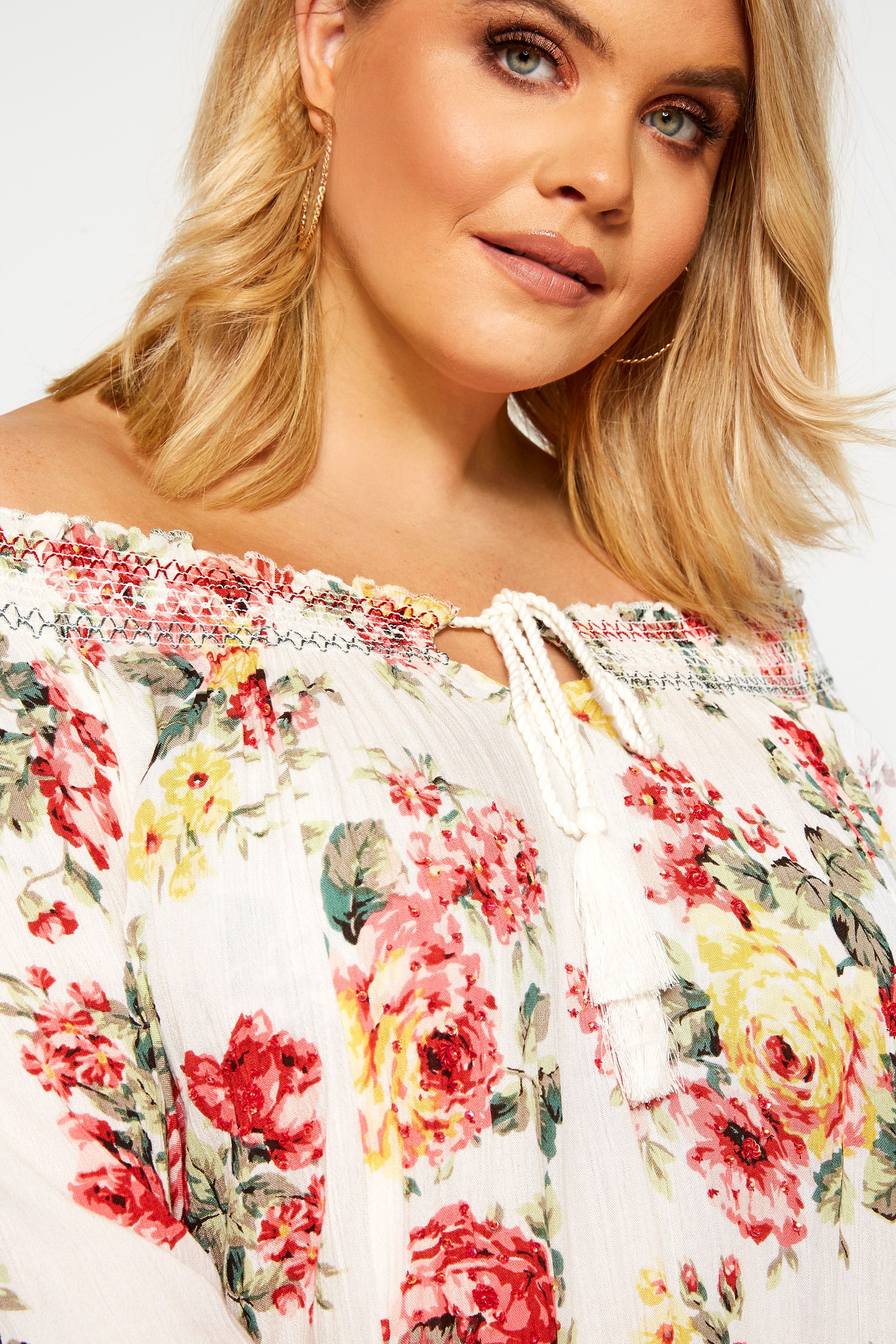 White Floral Shirred Gypsy Top | Yours Clothing