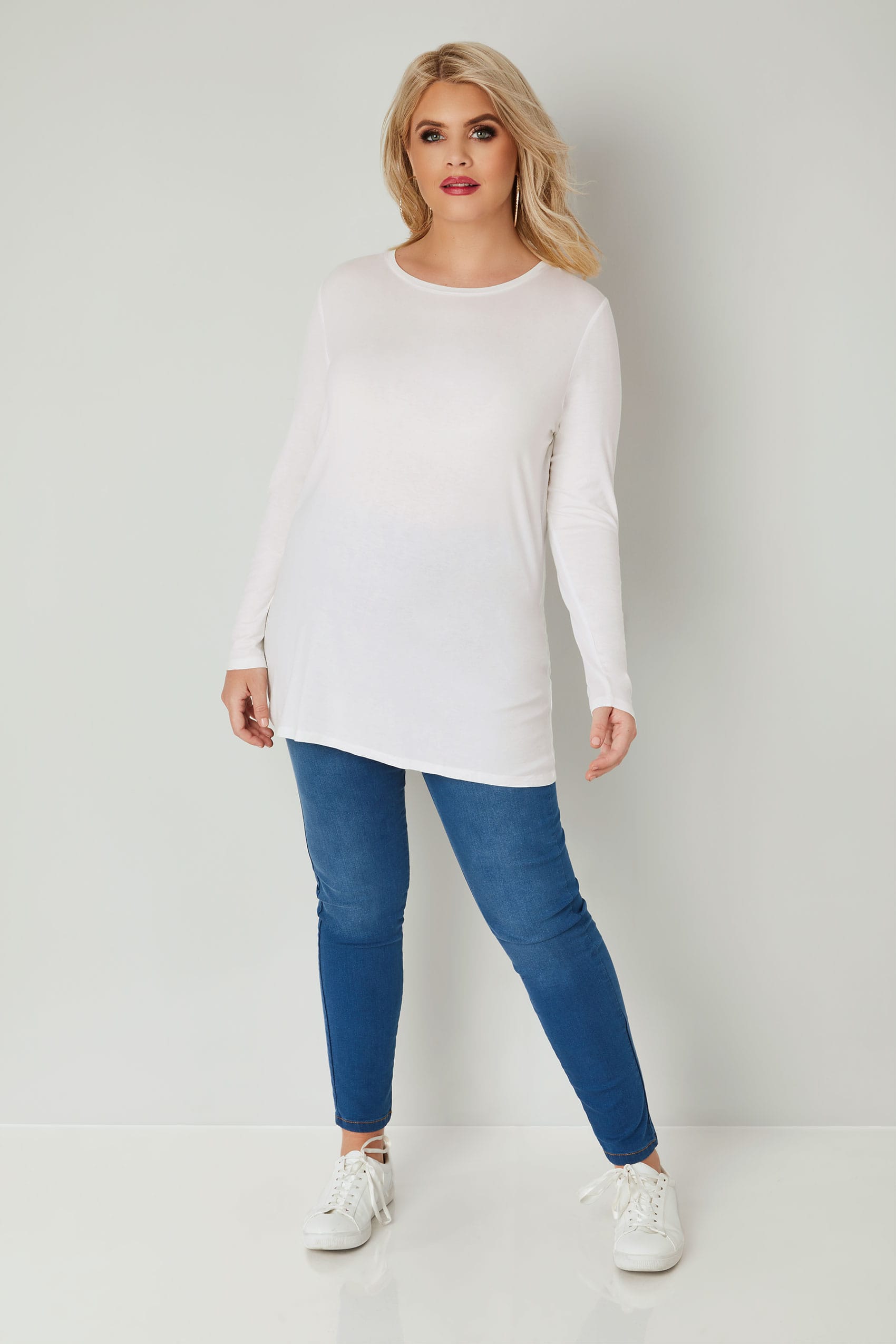 White Long Sleeve Soft Touch Jersey Top, Plus size 16 to 36
