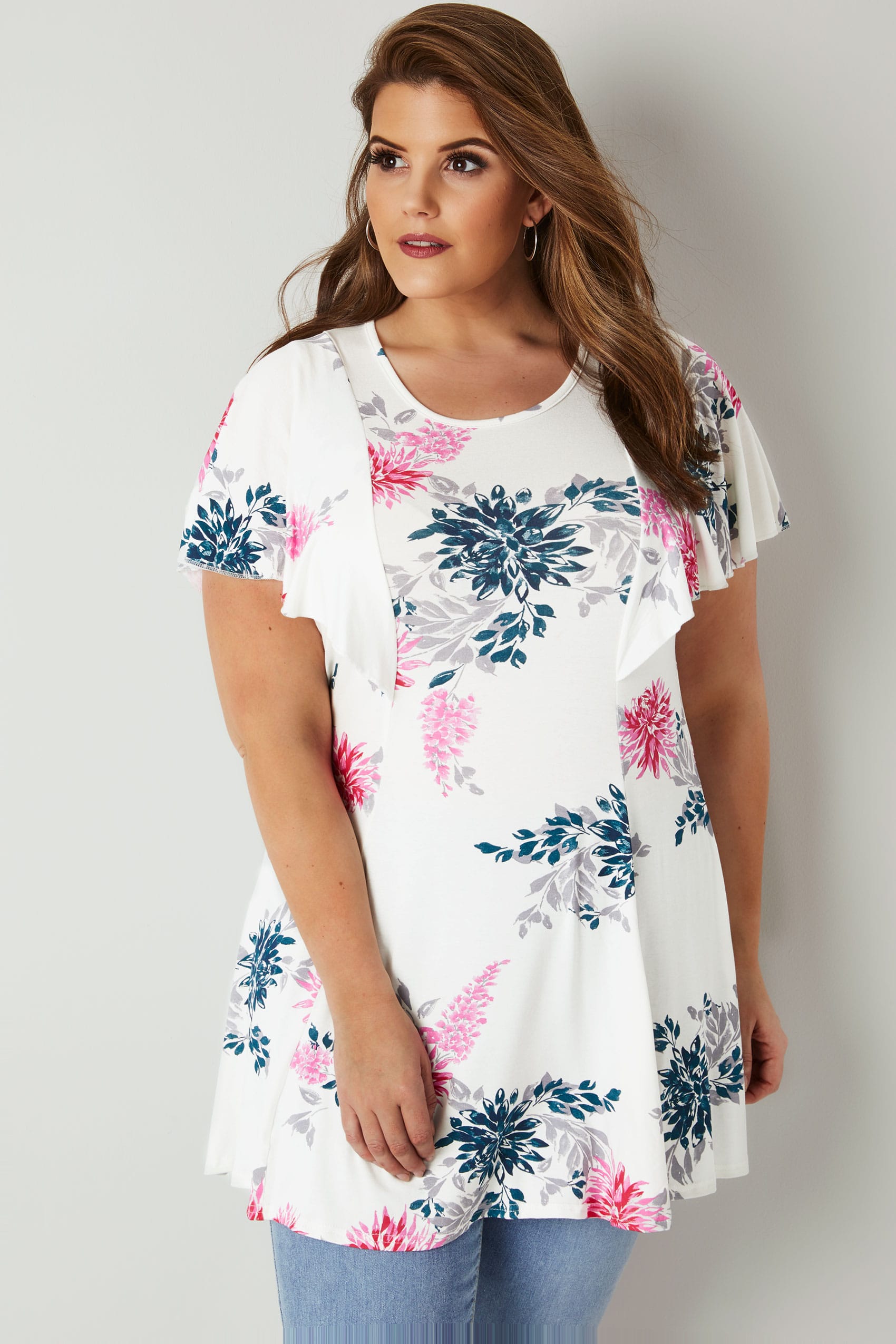 White & Pink Floral Print Peplum Top With Angel Sleeves, plus size 16 to 36
