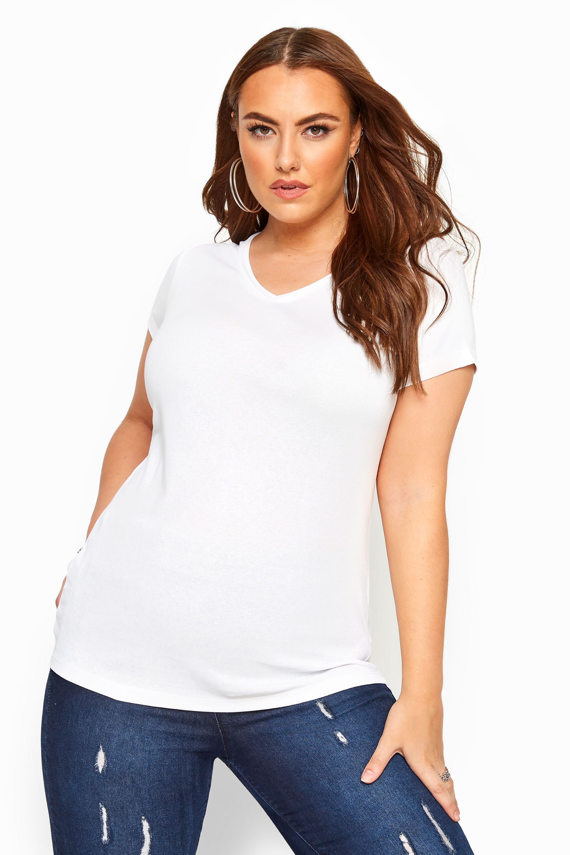 Plus Size YOURS FOR GOOD White Short Sleeved V-Neck Basic T-Shirt | Yours Clothing 1