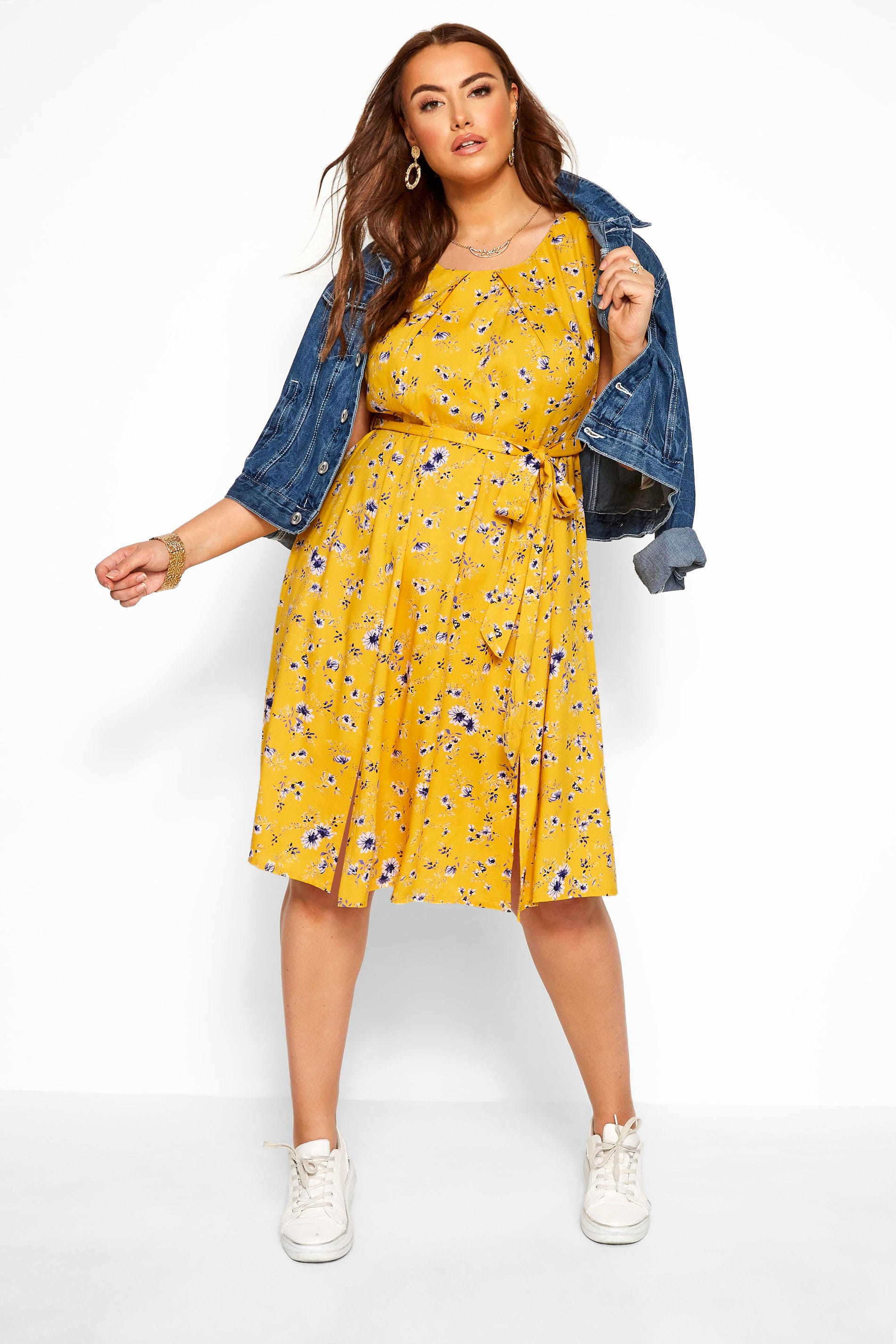 Yellow Floral Pleat Neck Dress Yours Clothing