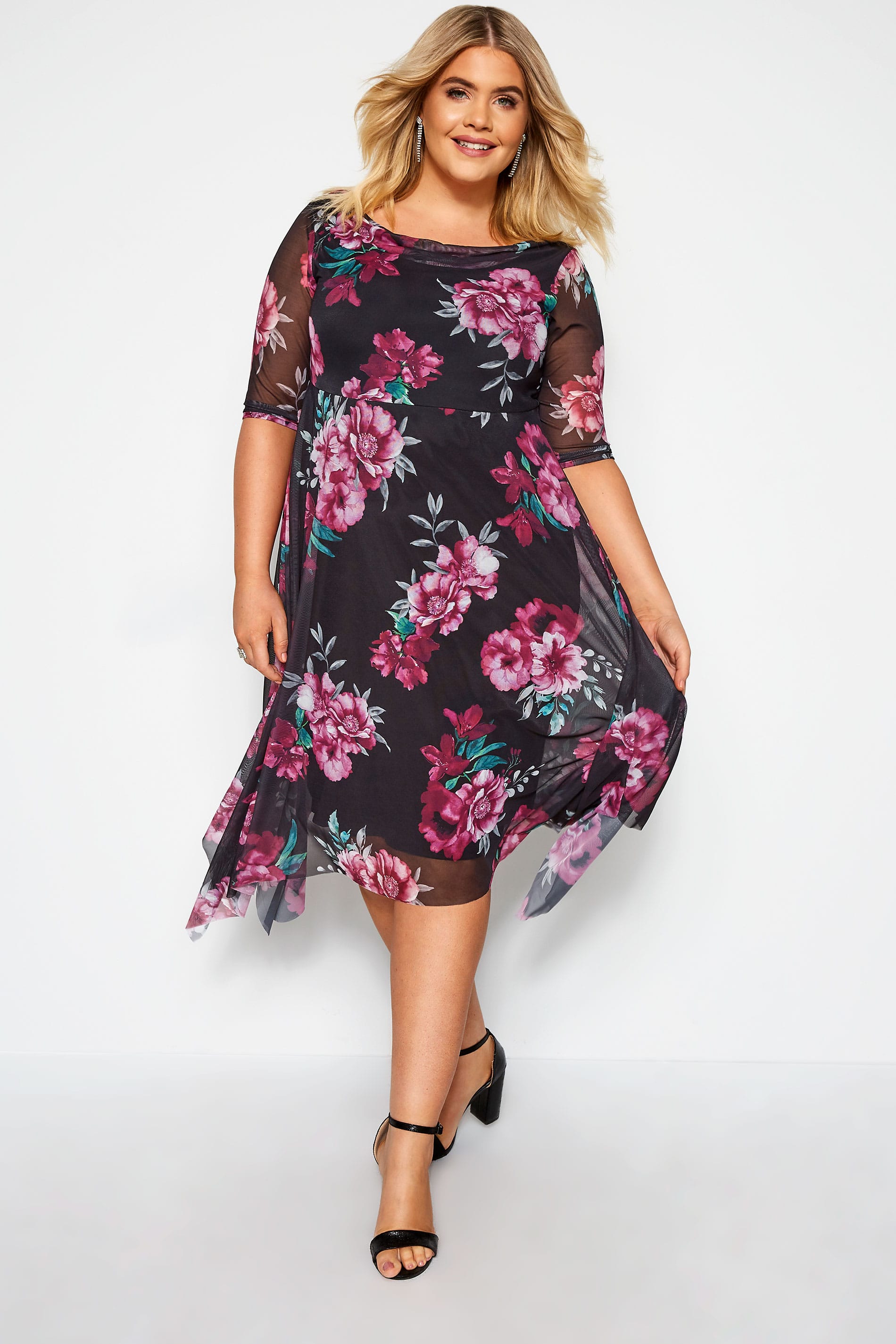 YOURS LONDON Black Floral Cowl Neck Dress | Yours Clothing