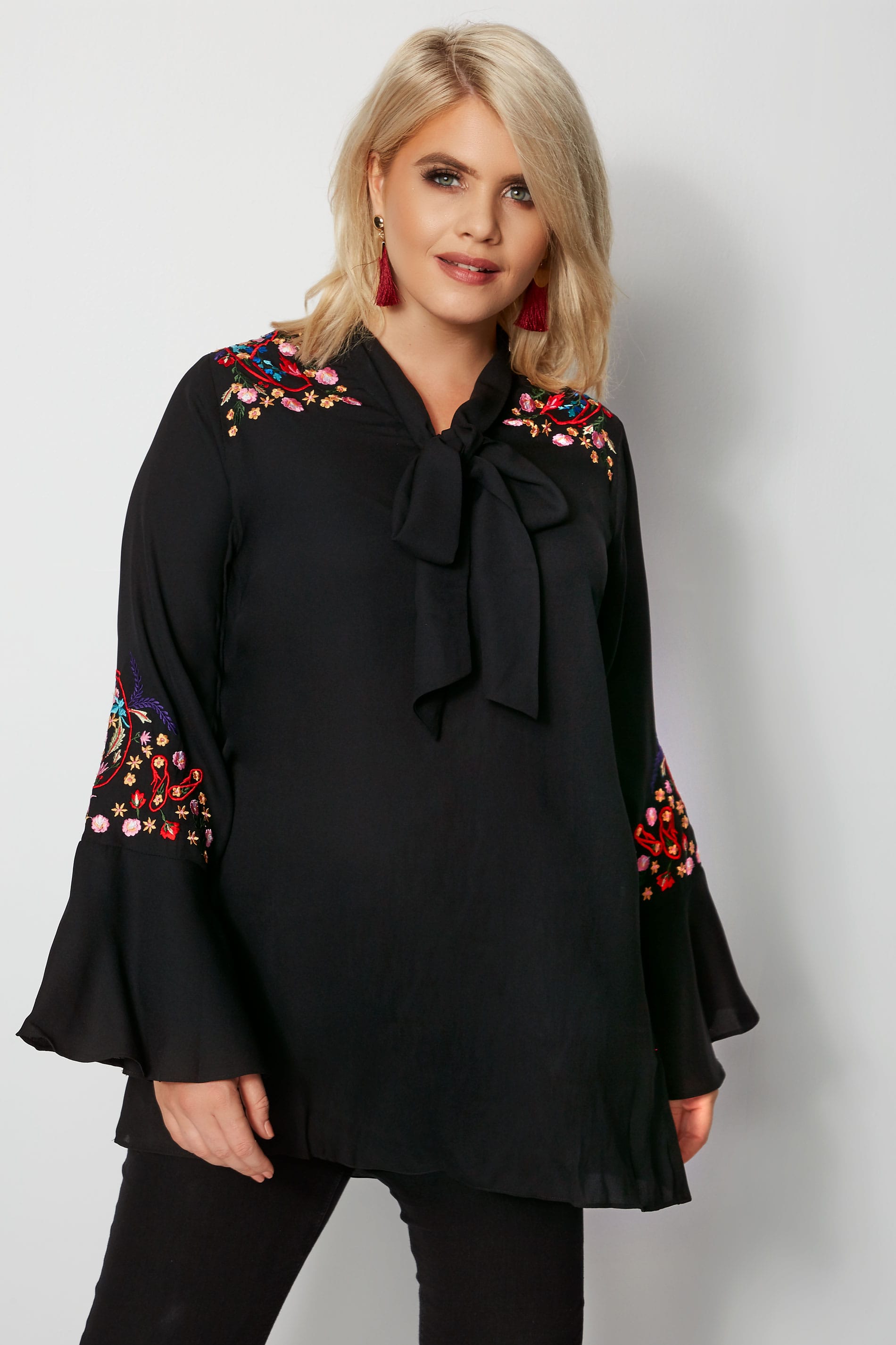 Yours London Black Floral Embroidered Pussy Bow Blouse Plus Size 16 To 32