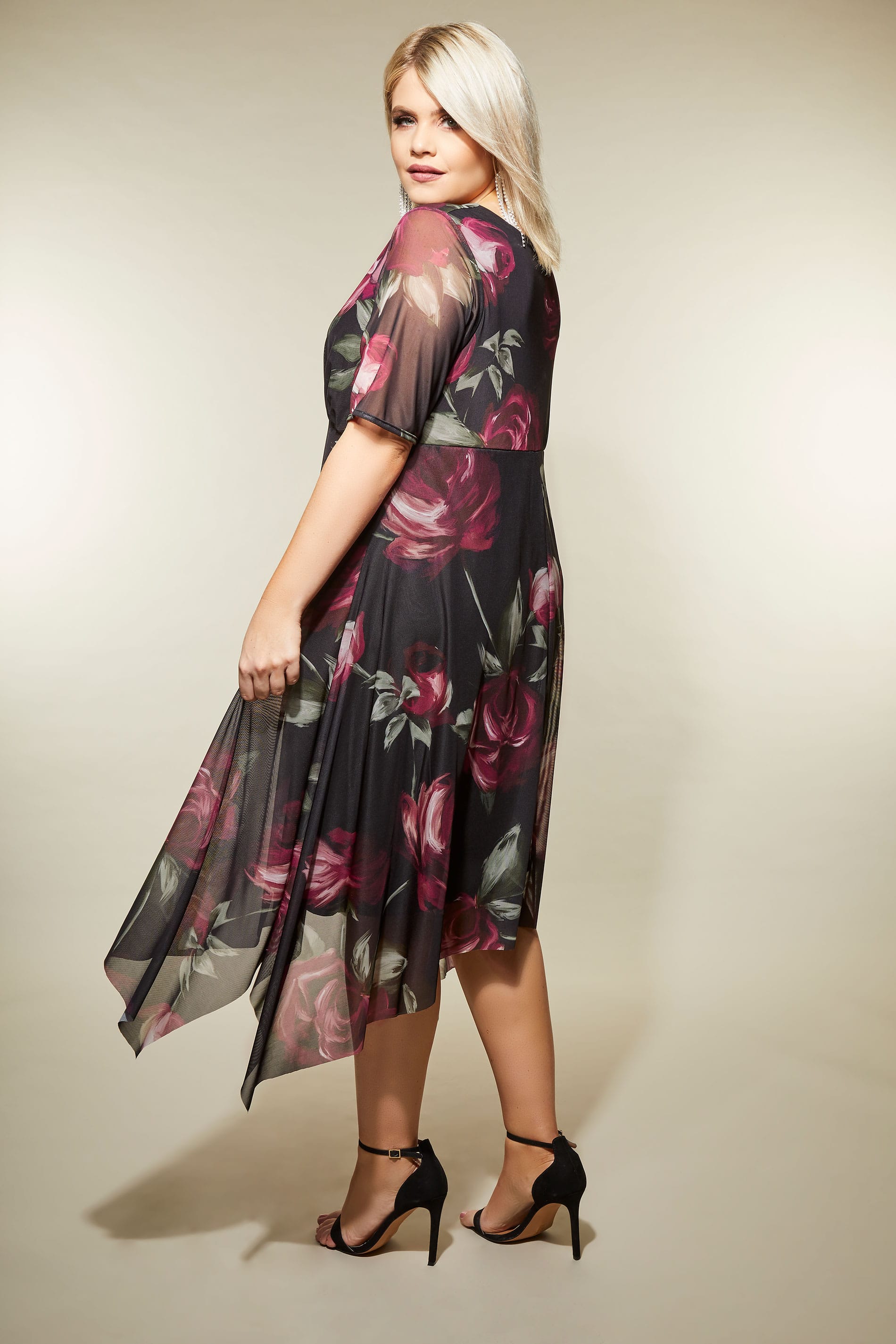 YOURS LONDON Midi-Kleid mit Blumendruck - Grau, Große 