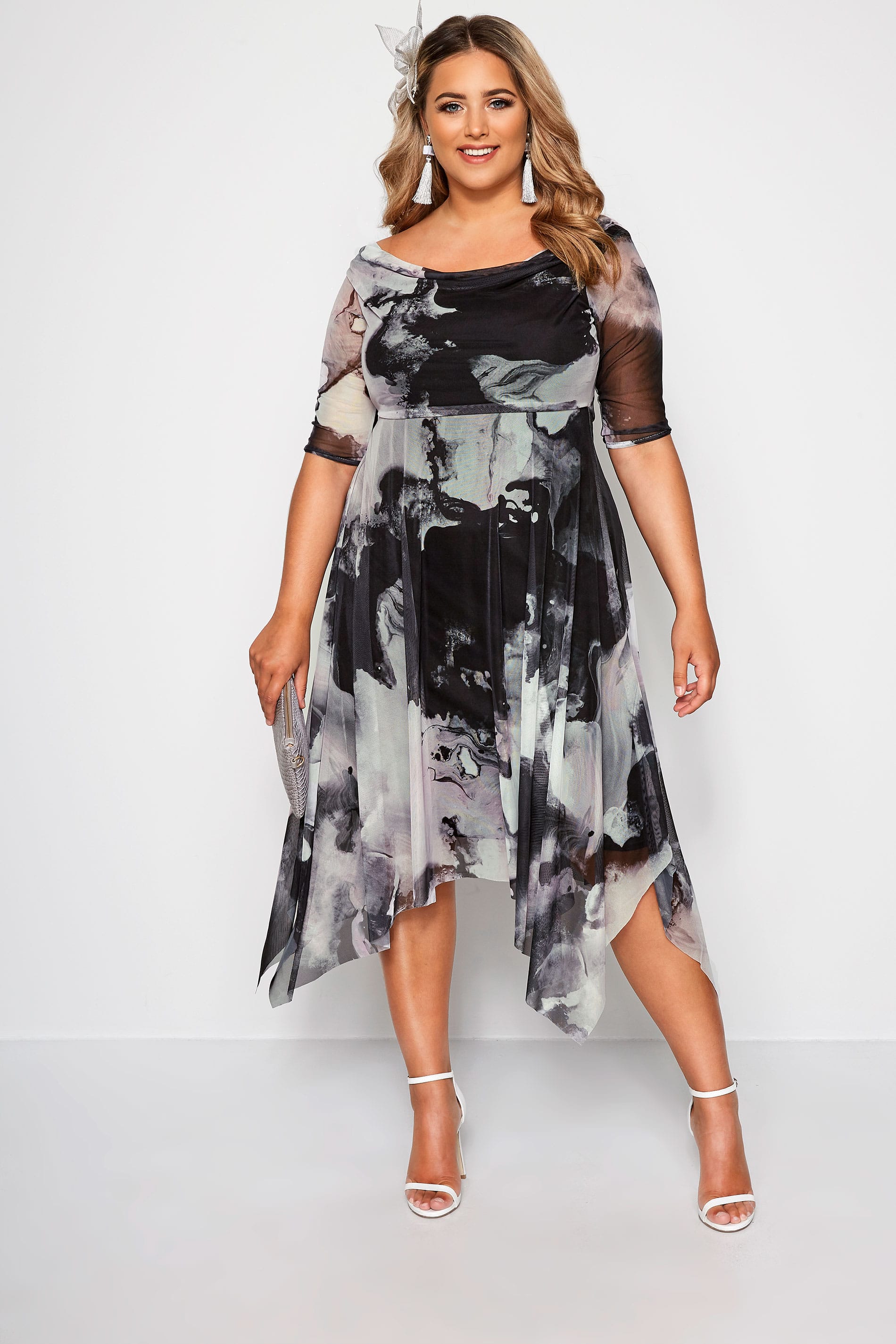 YOURS LONDON Black & Grey Marble Midi Dress With Cowl Neck, plus size ...