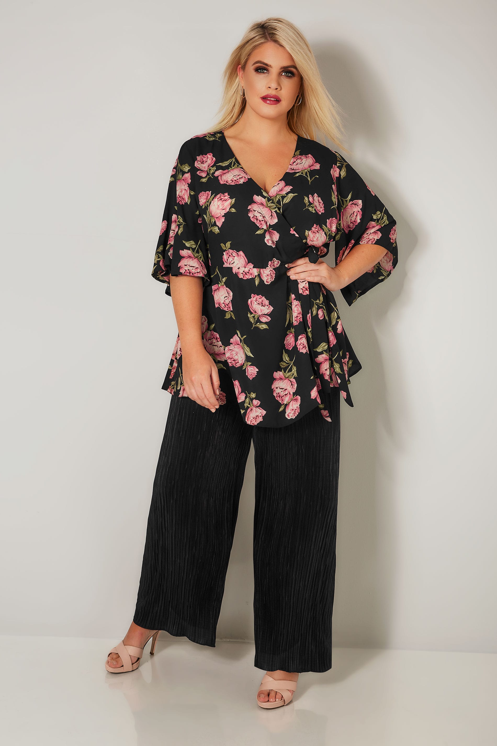 YOURS LONDON Black & Pink Peony Print Wrap Blouse With Kimono Sleeves ...