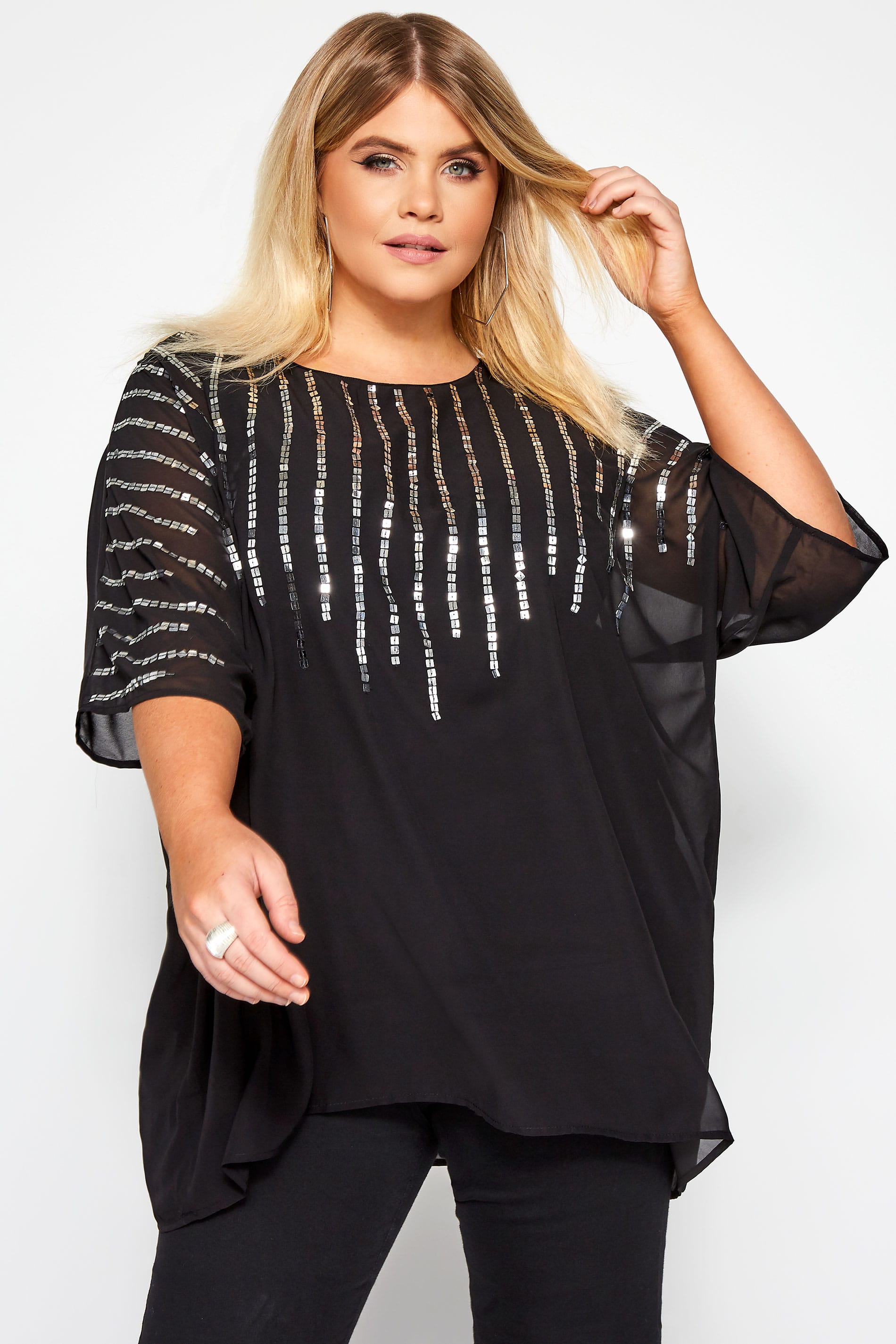YOURS LONDON Black Square Sequin Cape Top | Yours Clothing 1