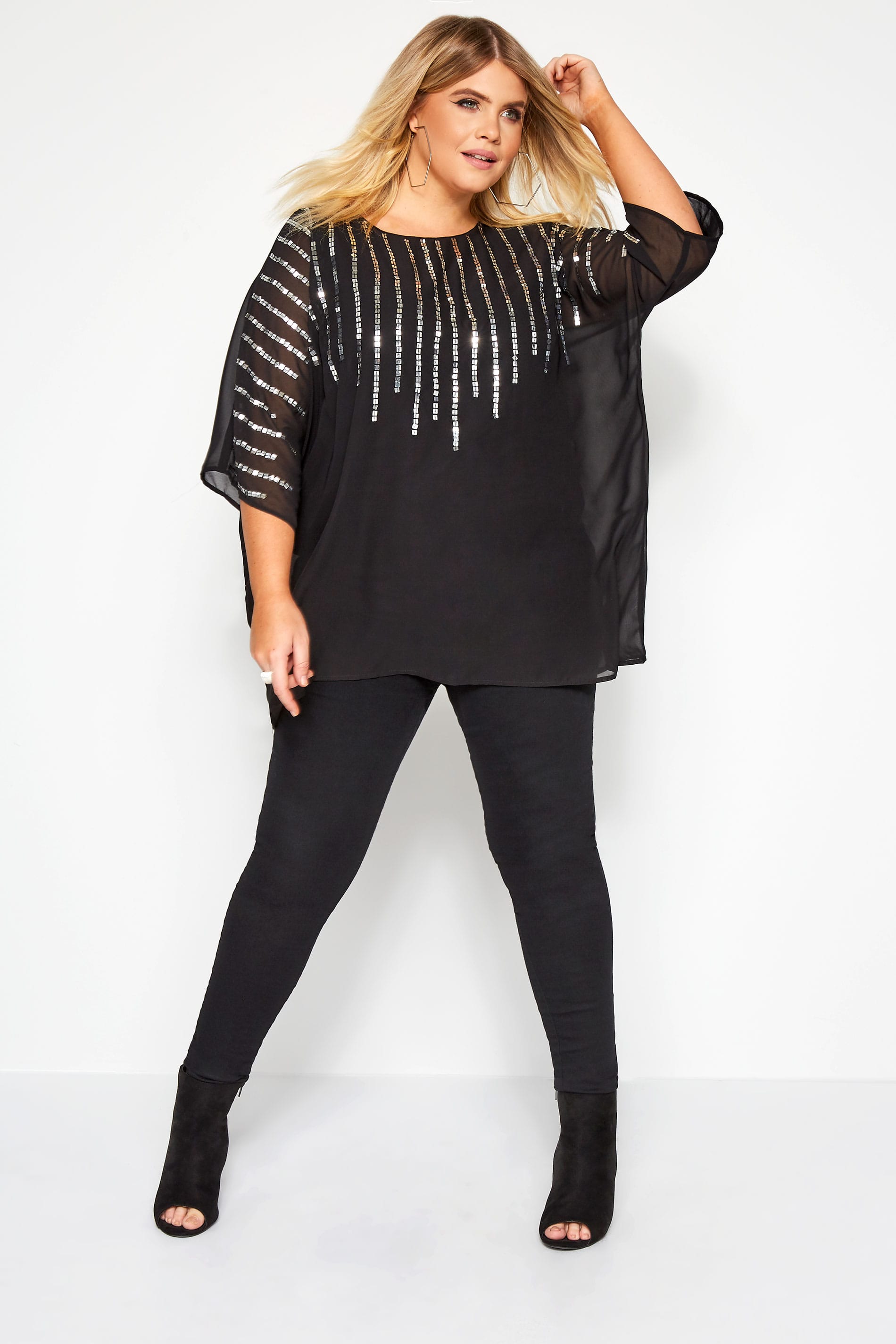 YOURS LONDON Black Square Sequin Cape Top | Yours Clothing 2