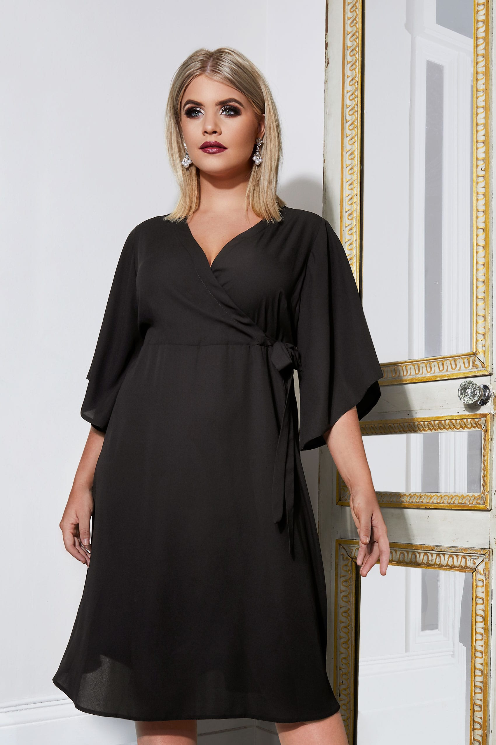 YOURS LONDON Black Wrap Dress With Tie Waist, Plus size 16 to 32
