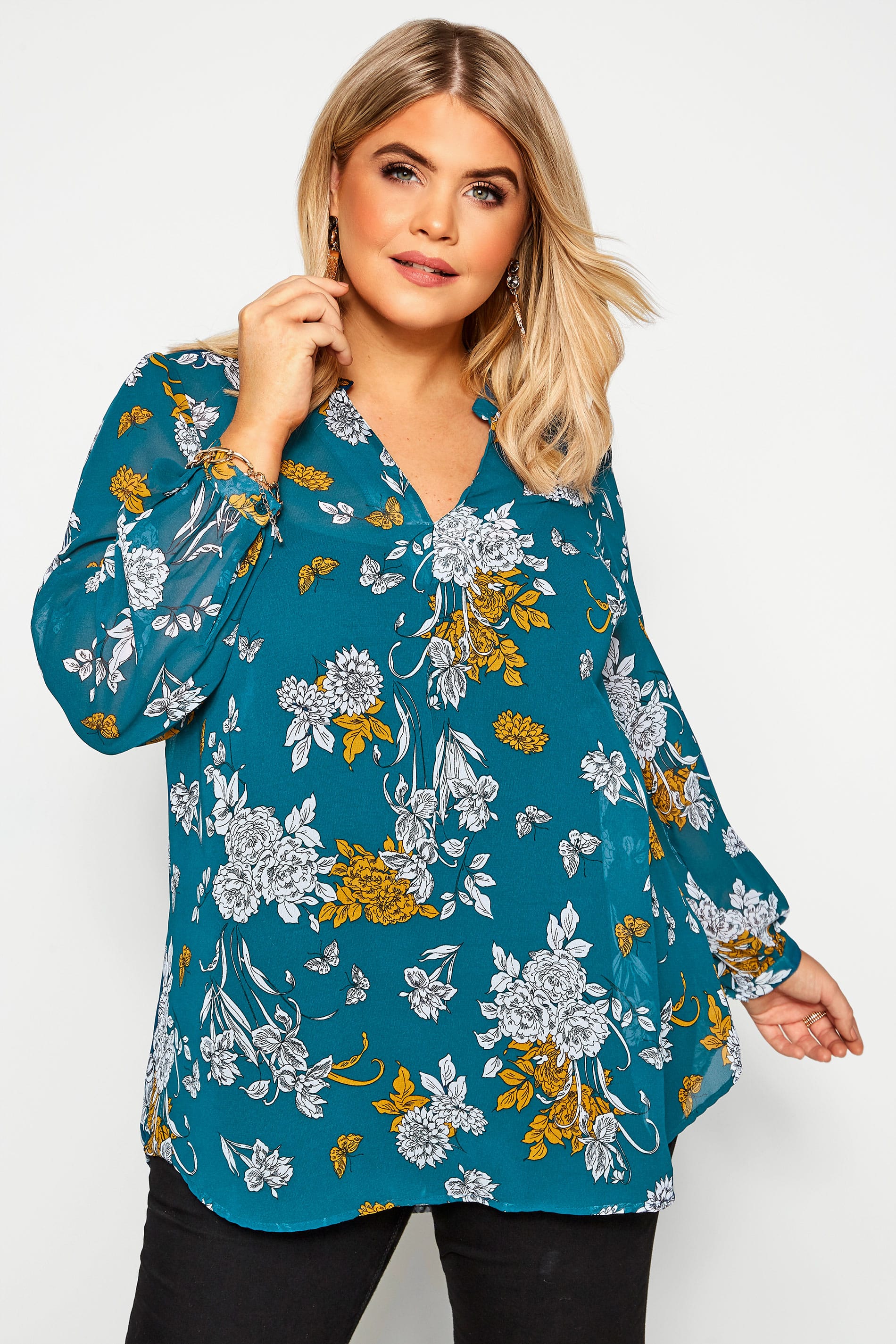 YOURS LONDON Blue Floral Chiffon Blouse | Yours Clothing