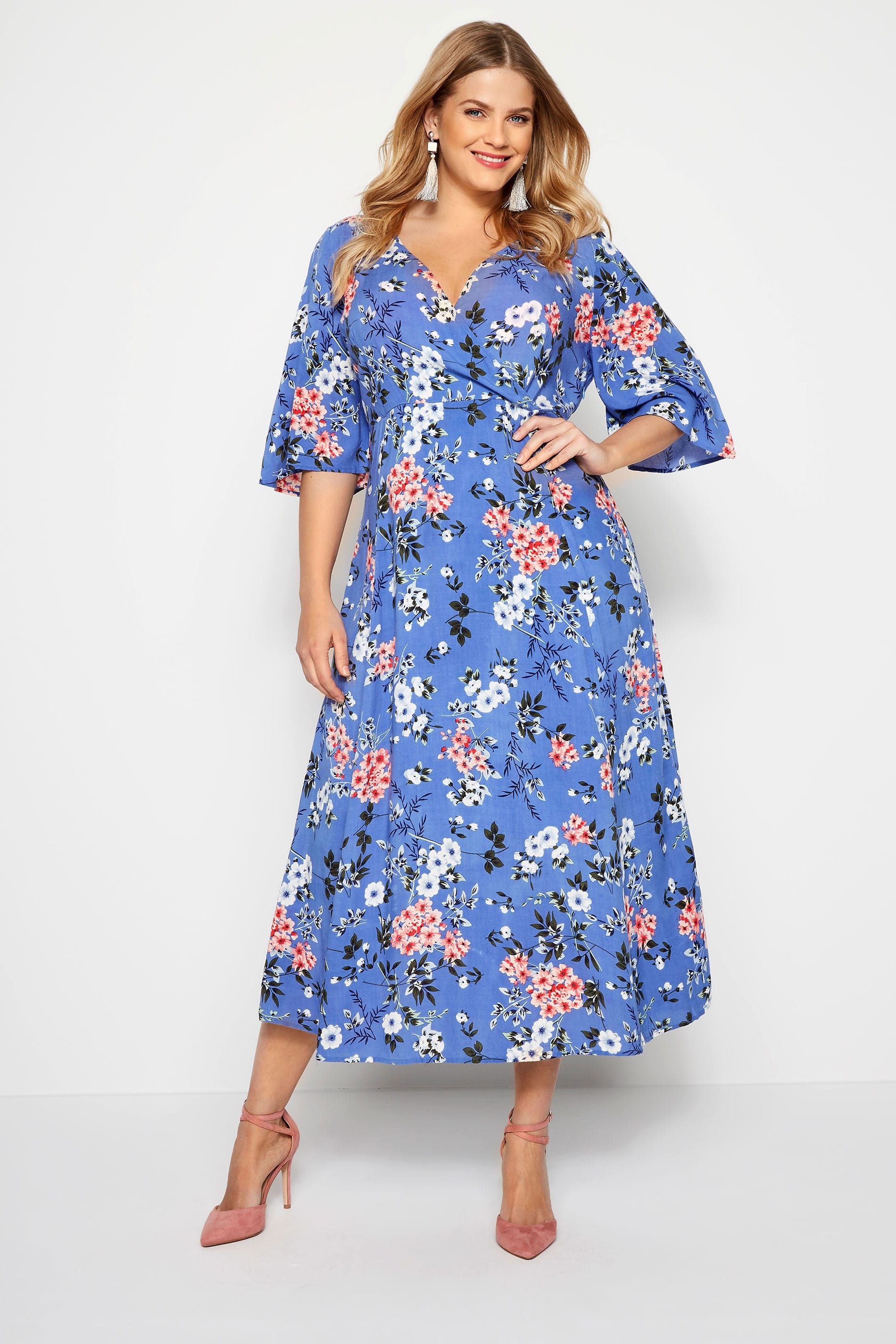 YOURS LONDON Blue Floral Wrap Maxi Dress | Plus Size 16 to 36 | Yours Clothing 1